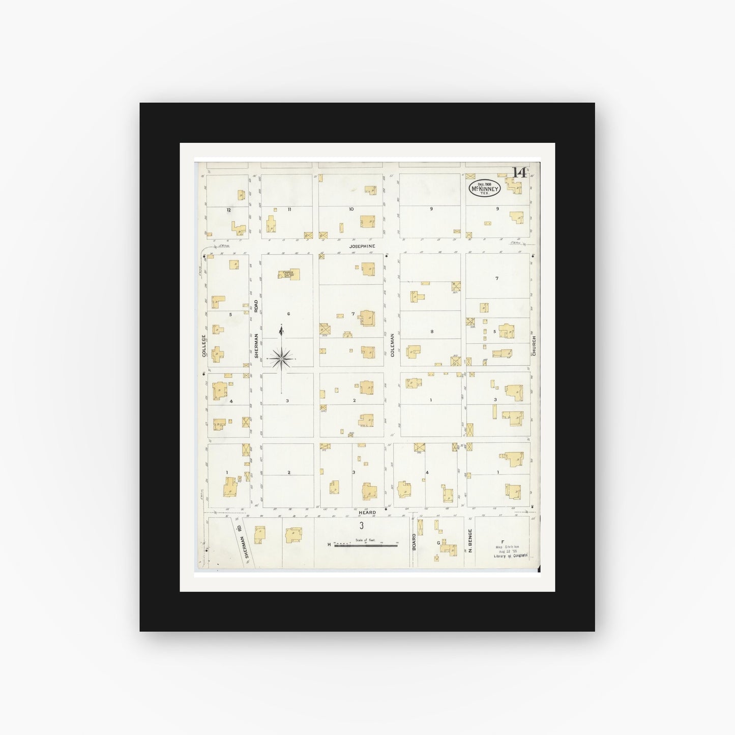 Old map wall art mockup — black gallery frame with white mat — Sanborn Fire Insurance Map from McKinney, Collin County, Texas (1908), Sheet #0014