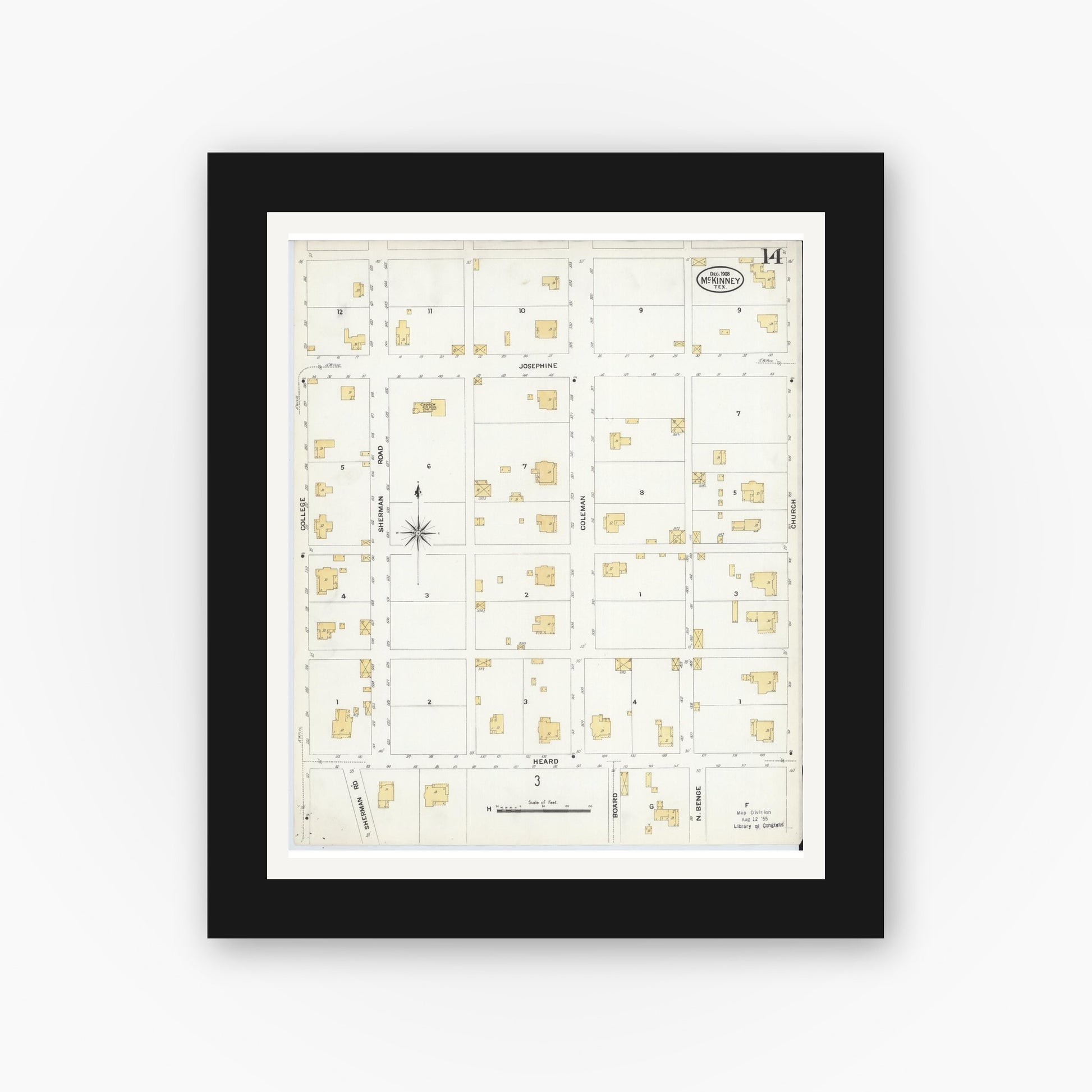 Old map wall art mockup — black gallery frame with white mat — Sanborn Fire Insurance Map from McKinney, Collin County, Texas (1908), Sheet #0014