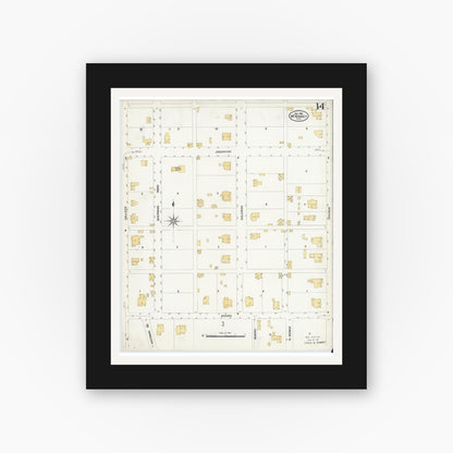 Old map wall art mockup — black gallery frame with white mat — Sanborn Fire Insurance Map from McKinney, Collin County, Texas (1908), Sheet #0014