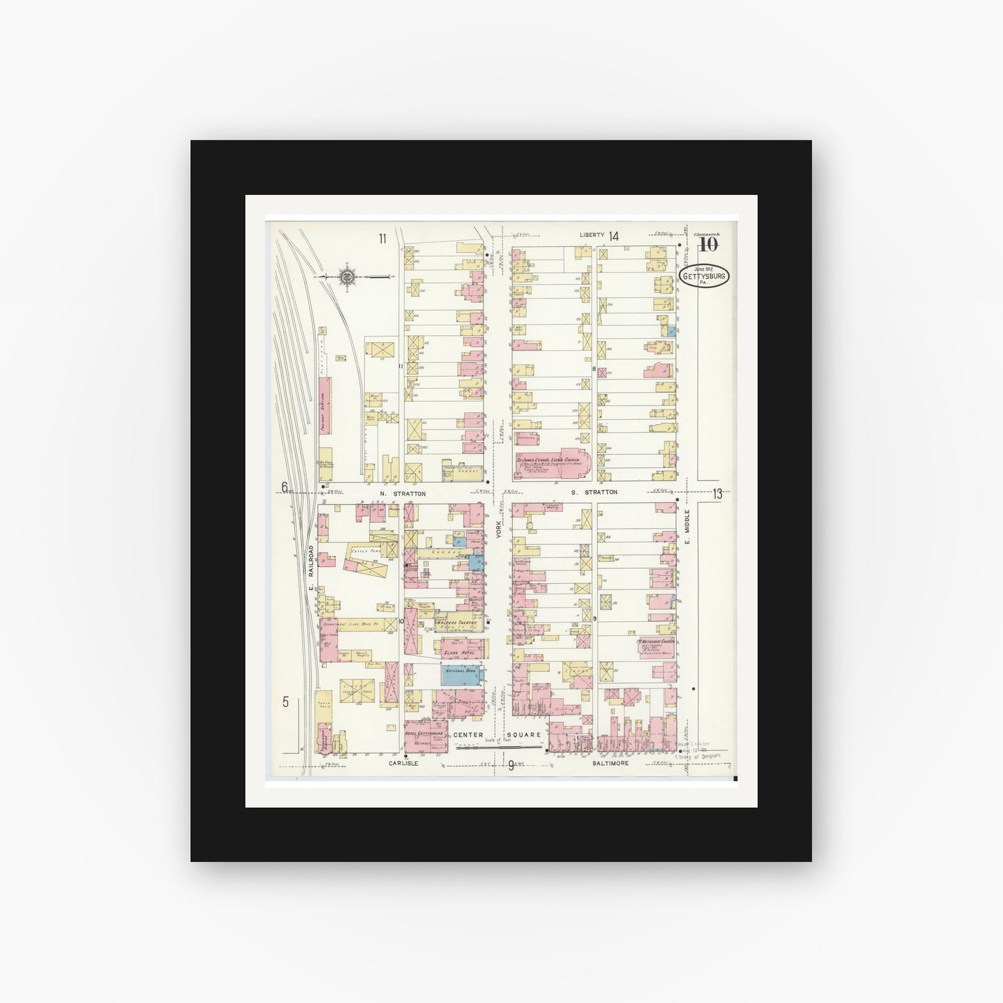 Old map wall art mockup — black gallery frame with white mat — Sanborn Fire Insurance Map from Gettysburg, Adams County, Pennsylvania (1912), Sheet #0010