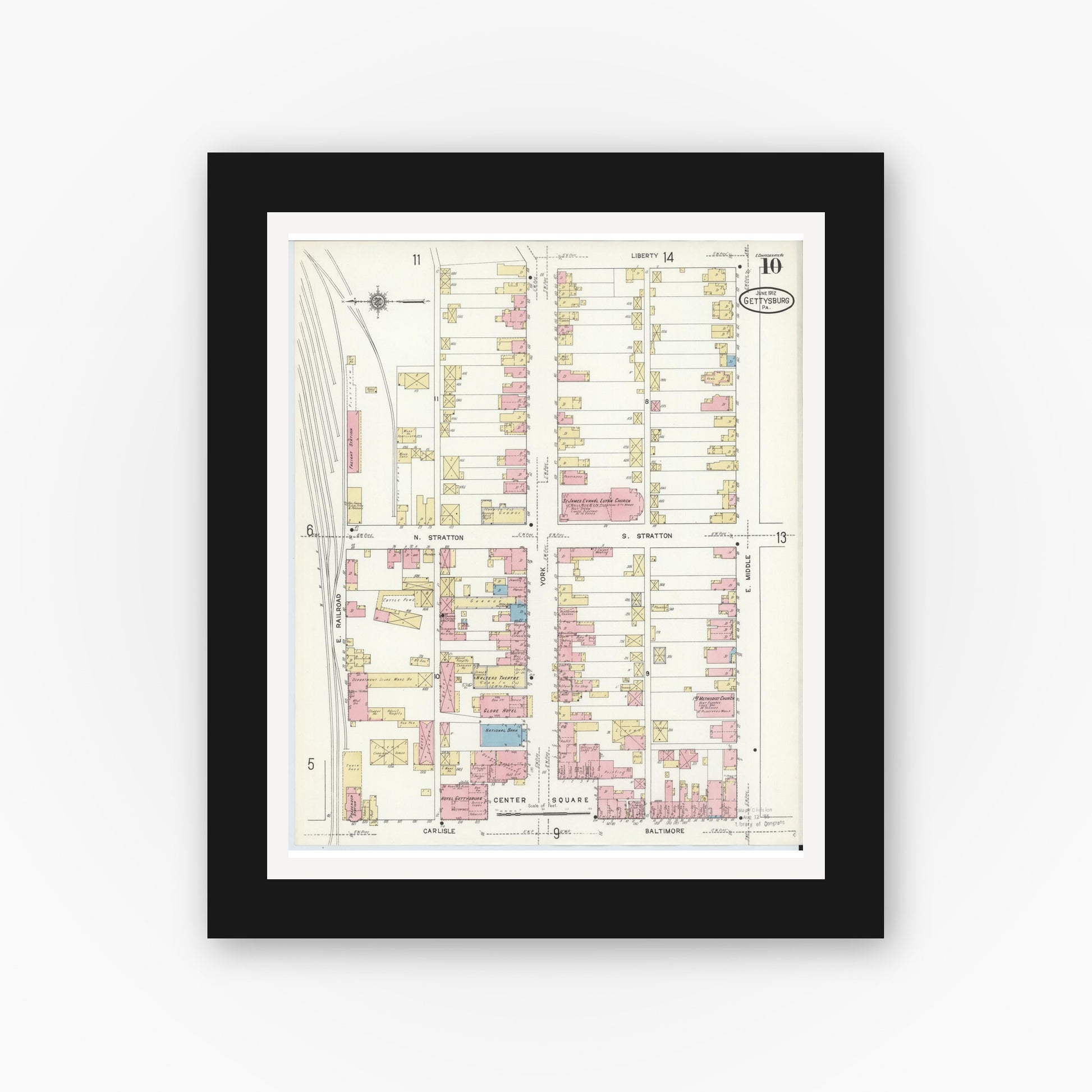 Old map wall art mockup — black gallery frame with white mat — Sanborn Fire Insurance Map from Gettysburg, Adams County, Pennsylvania (1912), Sheet #0010
