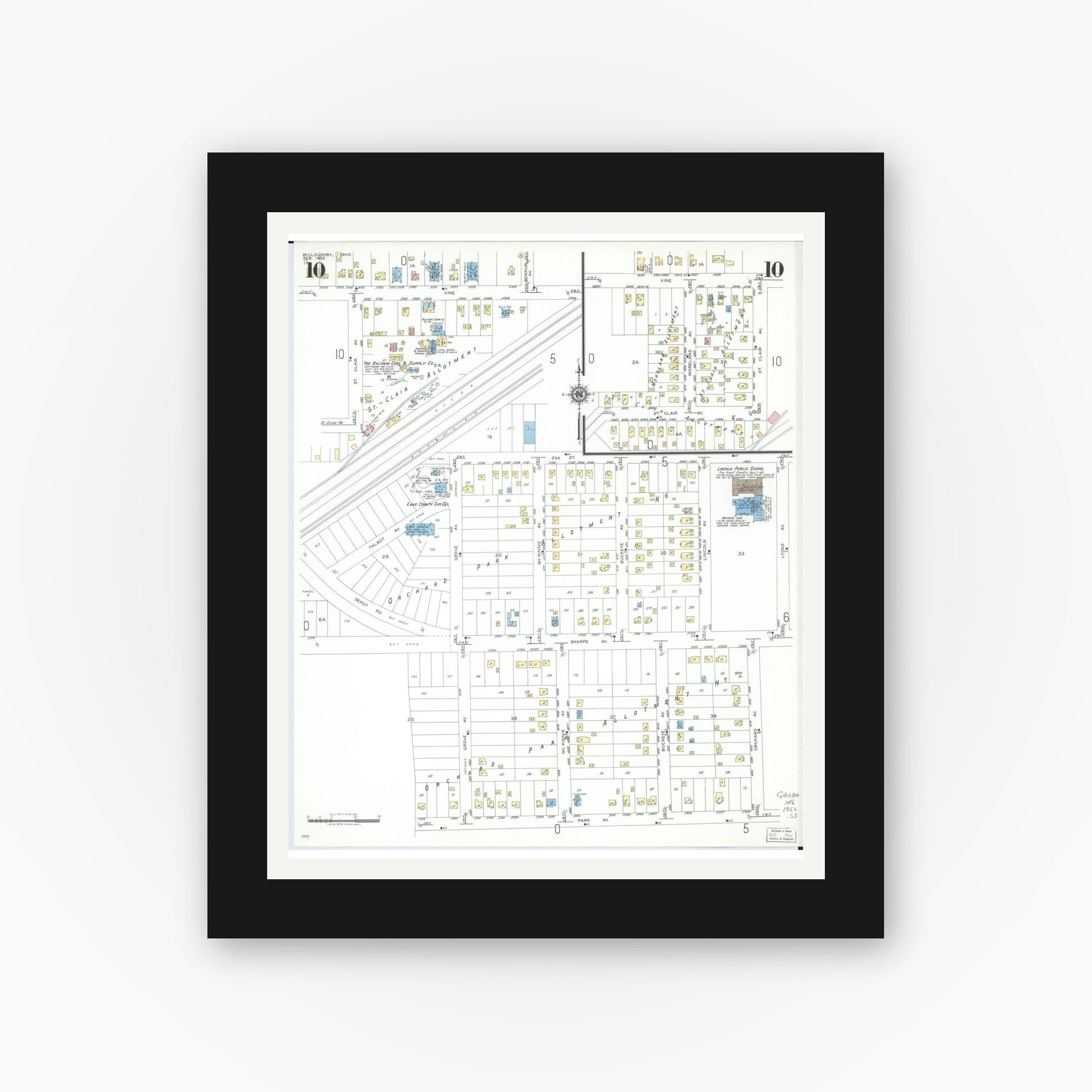 Old map wall art mockup — black gallery frame with white mat — Sanborn Fire Insurance Map from Willoughby, Lake County, Ohio (1952), Sheet #0010