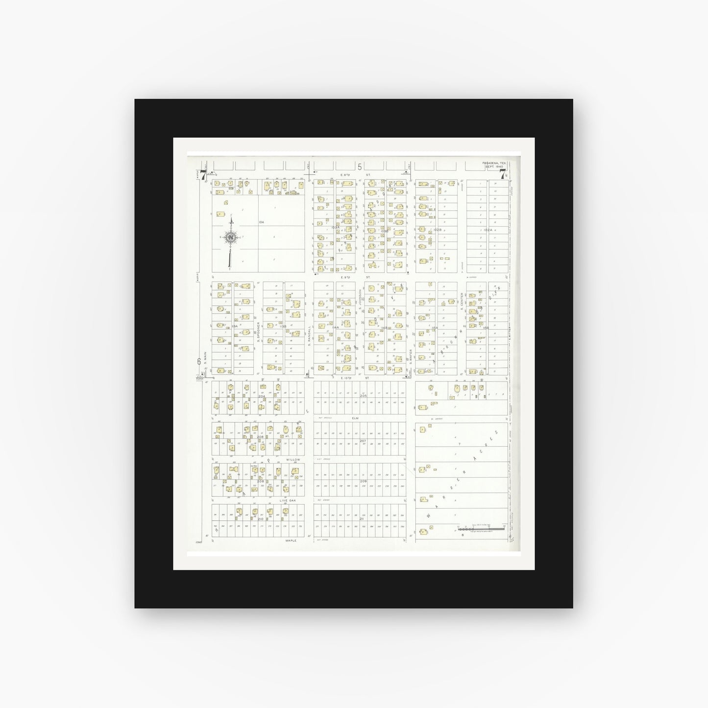 Old map wall art mockup — black gallery frame with white mat — Sanborn Fire Insurance Map from Pasadena, Harris County, Texas (1940), Sheet #0007