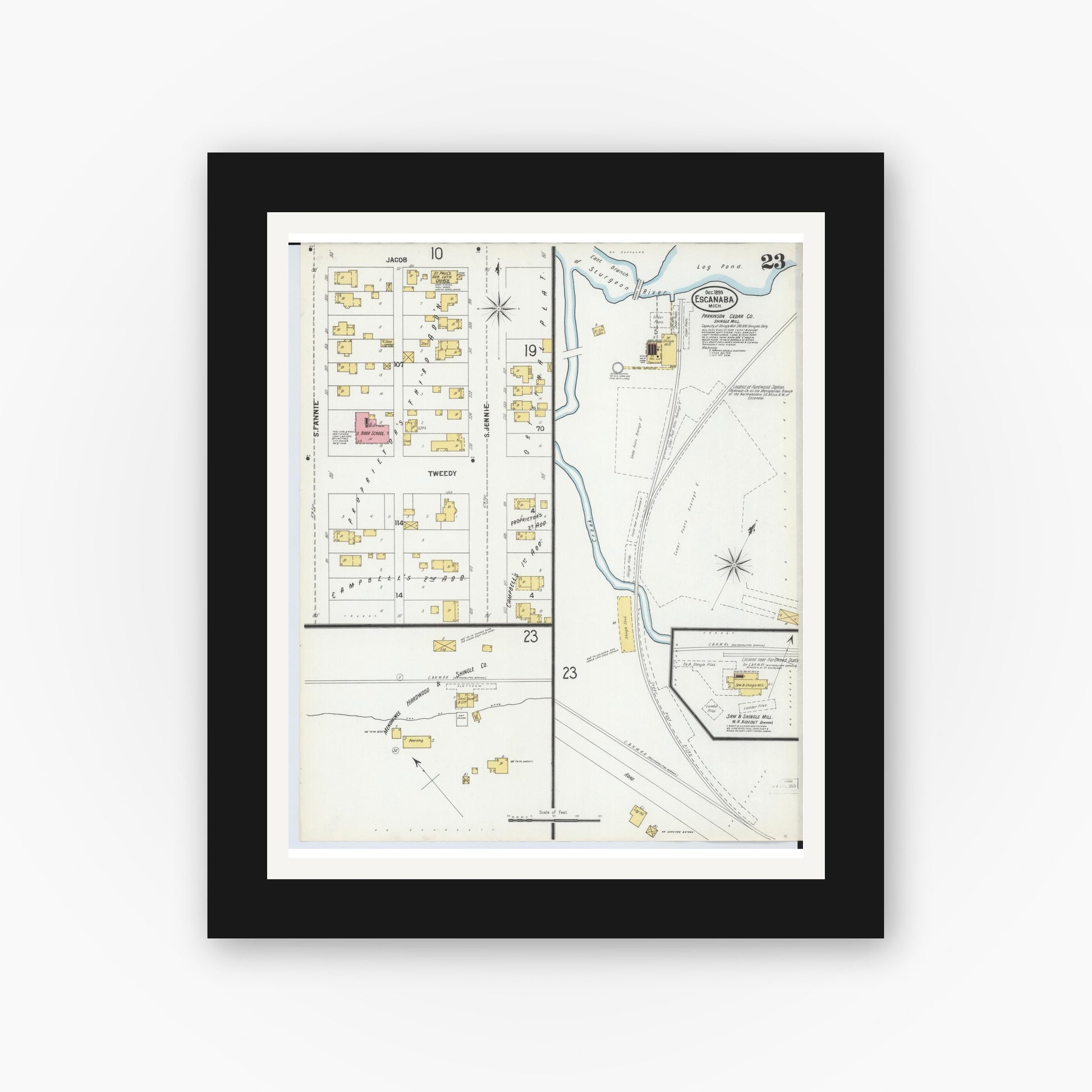 Old map wall art mockup — black gallery frame with white mat — Sanborn Fire Insurance Map from Escanaba, Delta County, Michigan (1899), Sheet #0023