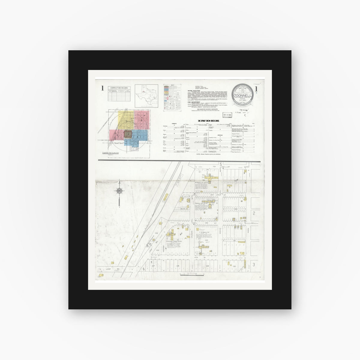 Old map wall art mockup — black gallery frame with white mat — Sanborn Fire Insurance Map from O'Donnell, Lynn And Dawson Counties, Texas (1935), Sheet #0001