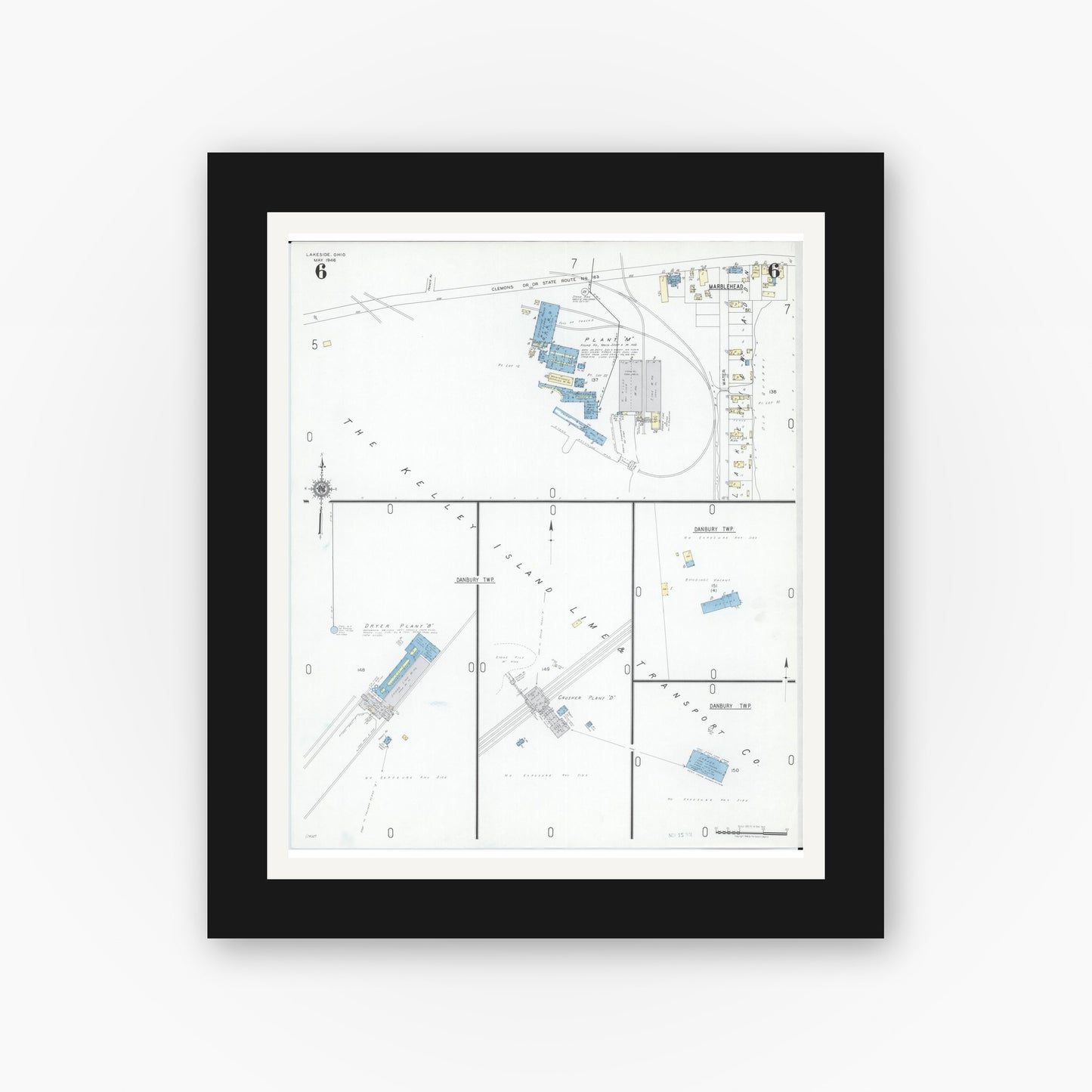 Old map wall art mockup — black gallery frame with white mat — Sanborn Fire Insurance Map from Lakeside, Ottawa County, Ohio (1946), Sheet #0006