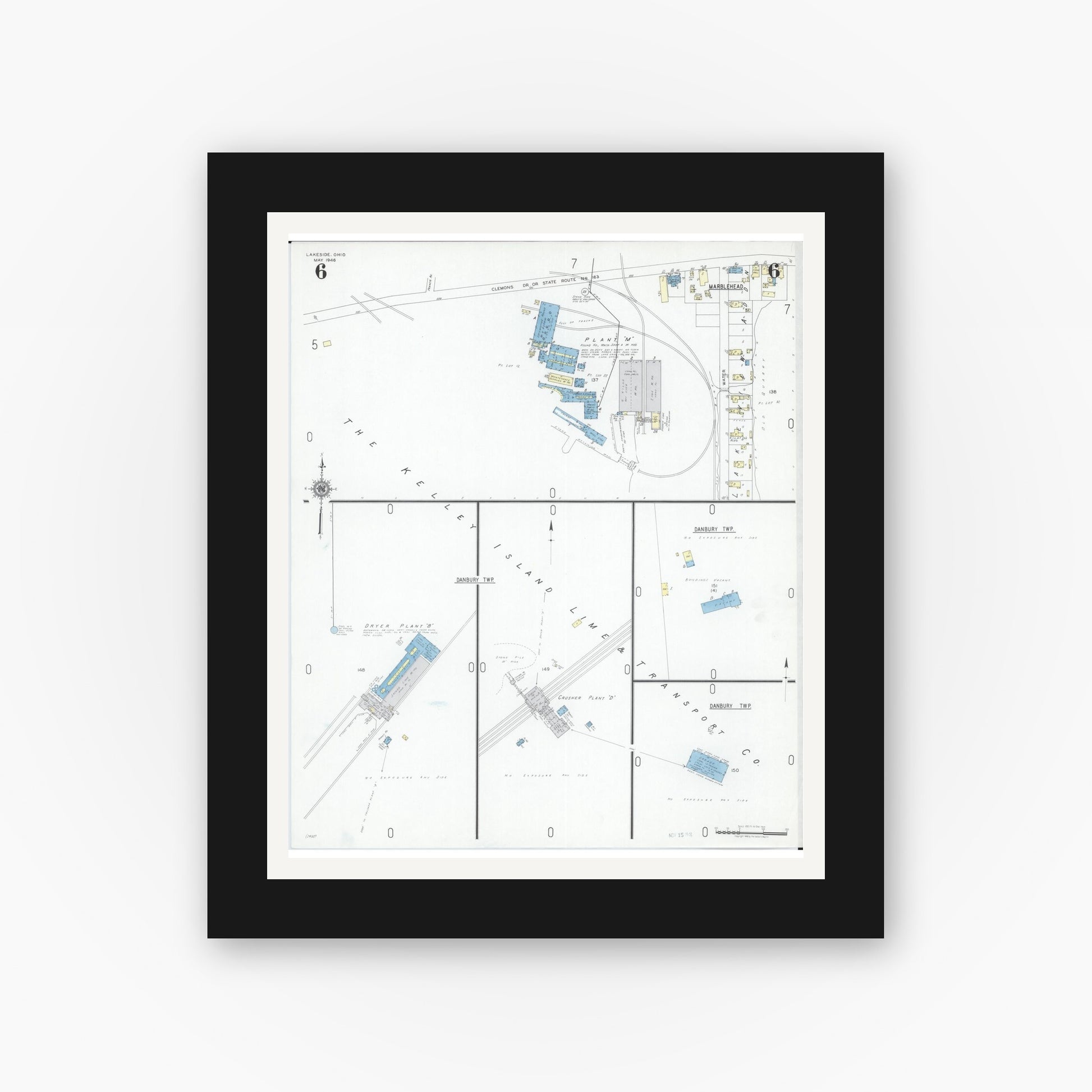 Old map wall art mockup — black gallery frame with white mat — Sanborn Fire Insurance Map from Lakeside, Ottawa County, Ohio (1946), Sheet #0006