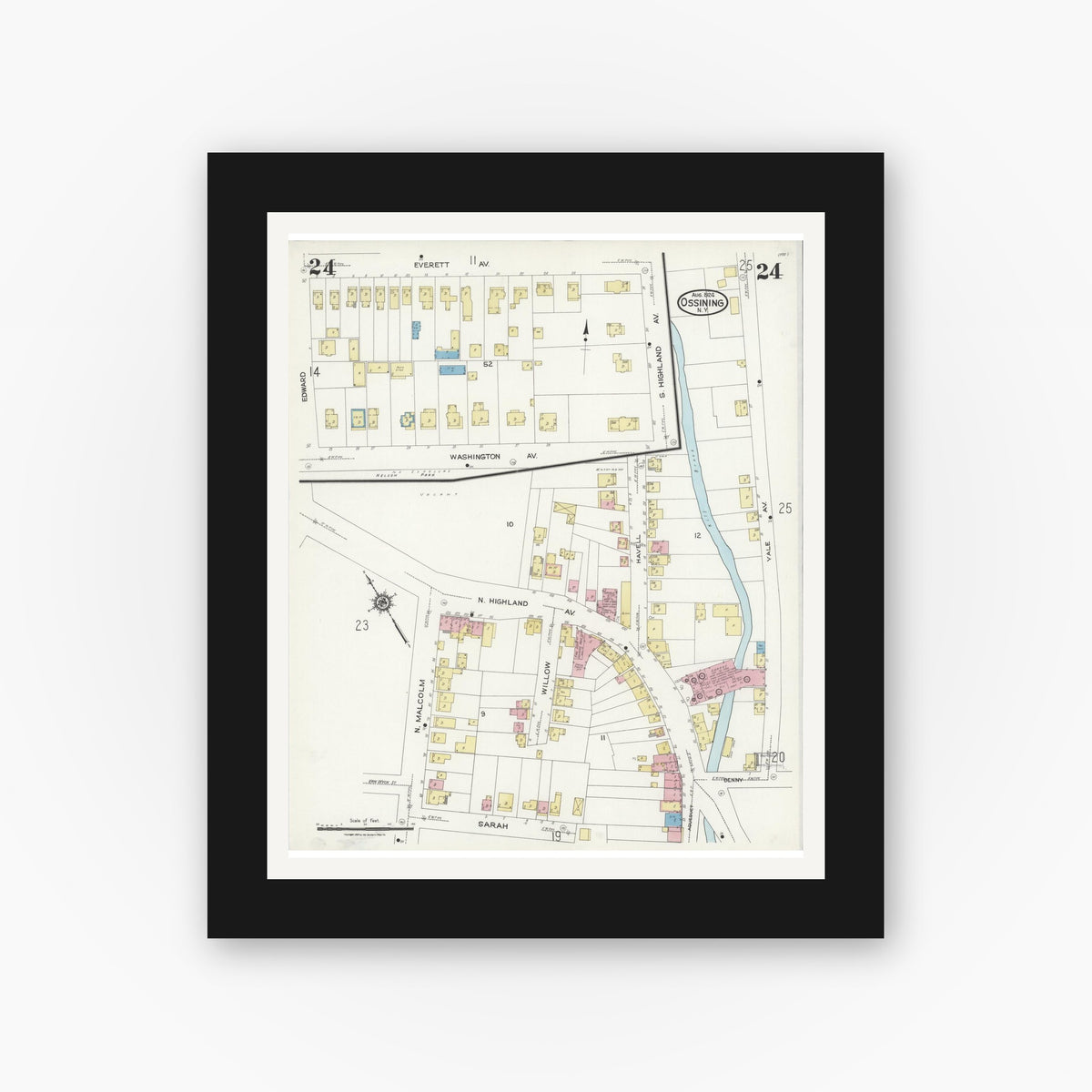 Old map wall art mockup — black gallery frame with white mat — Sanborn Fire Insurance Map from Ossining, Westchester County, New York (1924), Sheet #0024