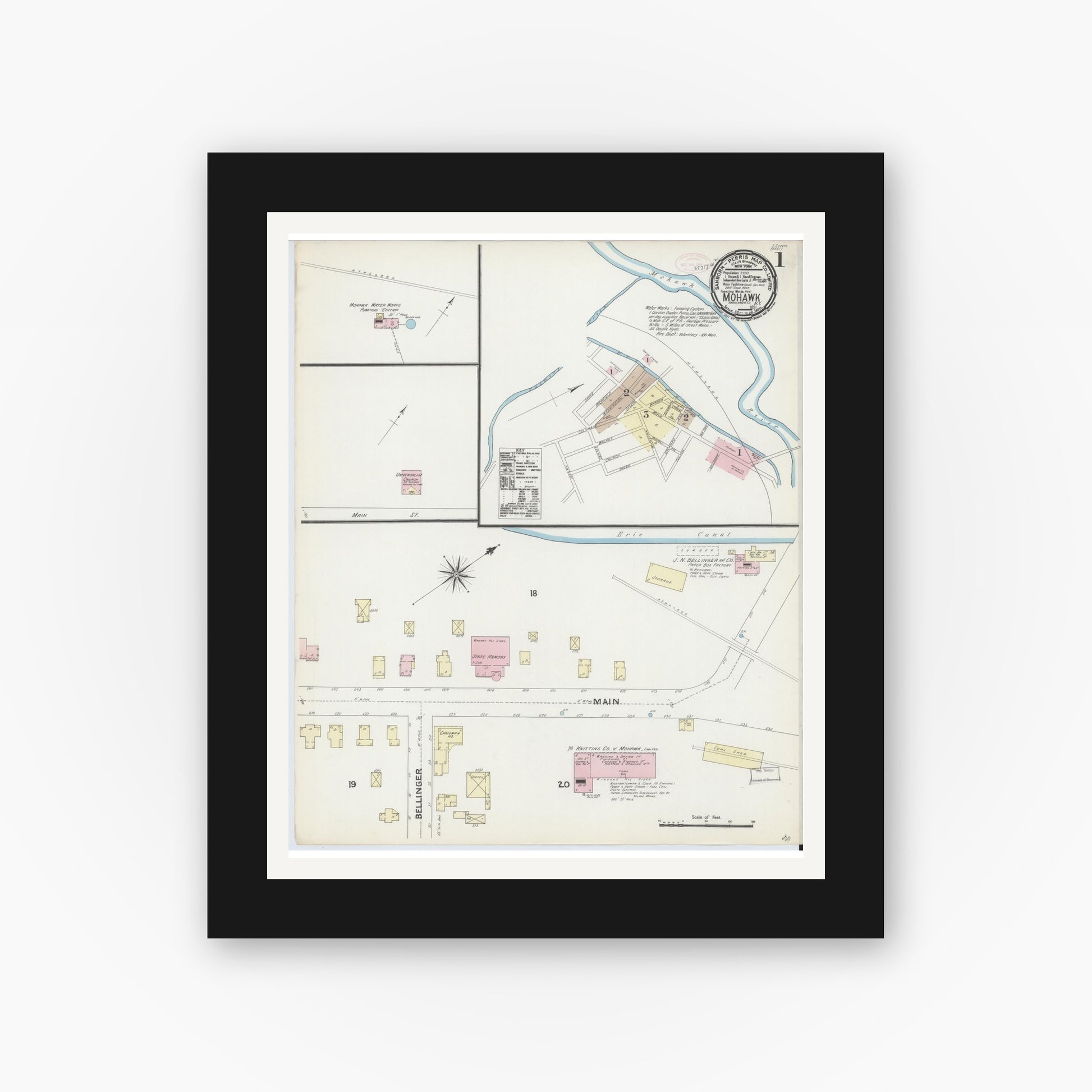 Old map wall art mockup — black gallery frame with white mat — Sanborn Fire Insurance Map from Mohawk, Herkimer County, New York (1891), Sheet #0001