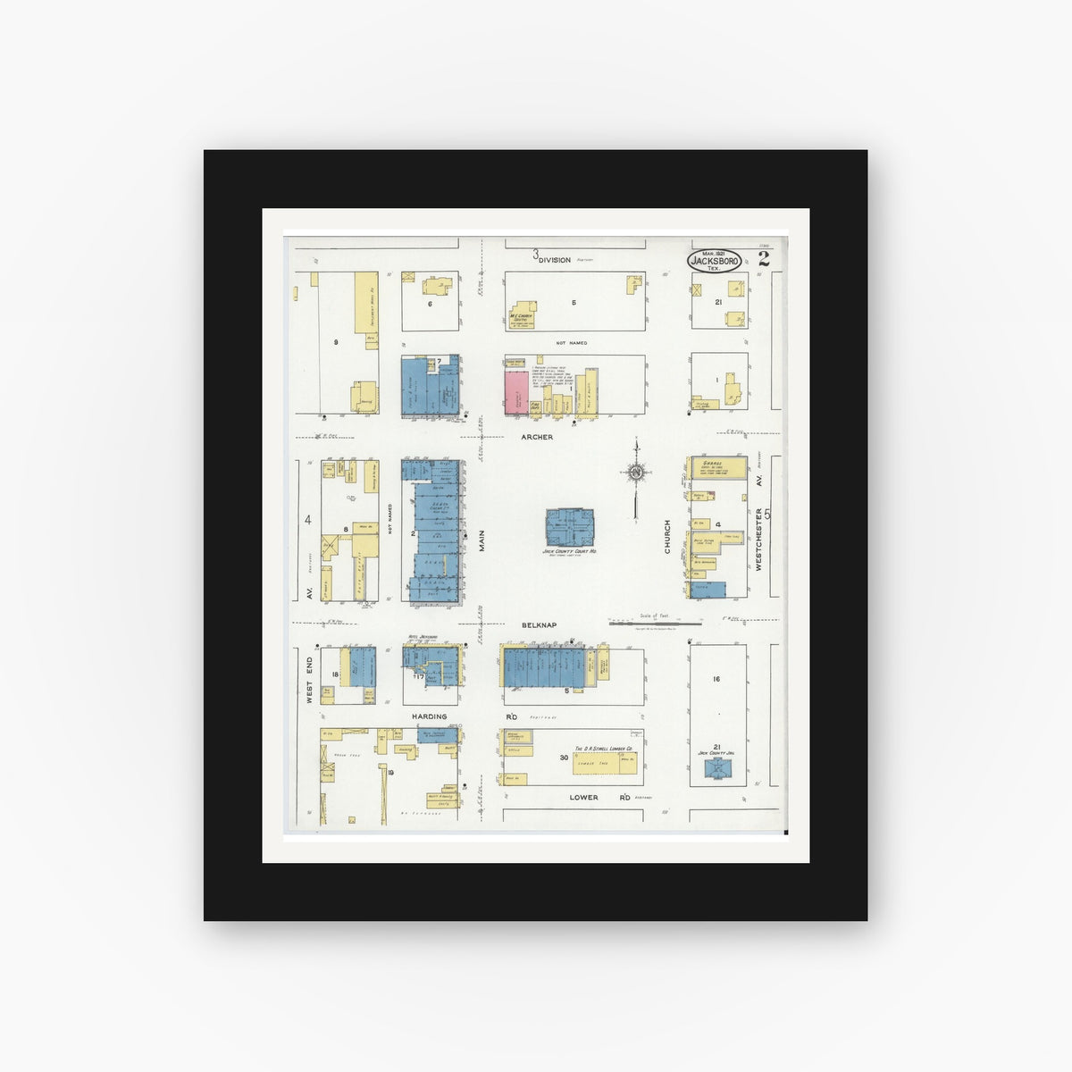 Old map wall art mockup — black gallery frame with white mat — Sanborn Fire Insurance Map from Jacksboro, Jack County, Texas (1921), Sheet #0002