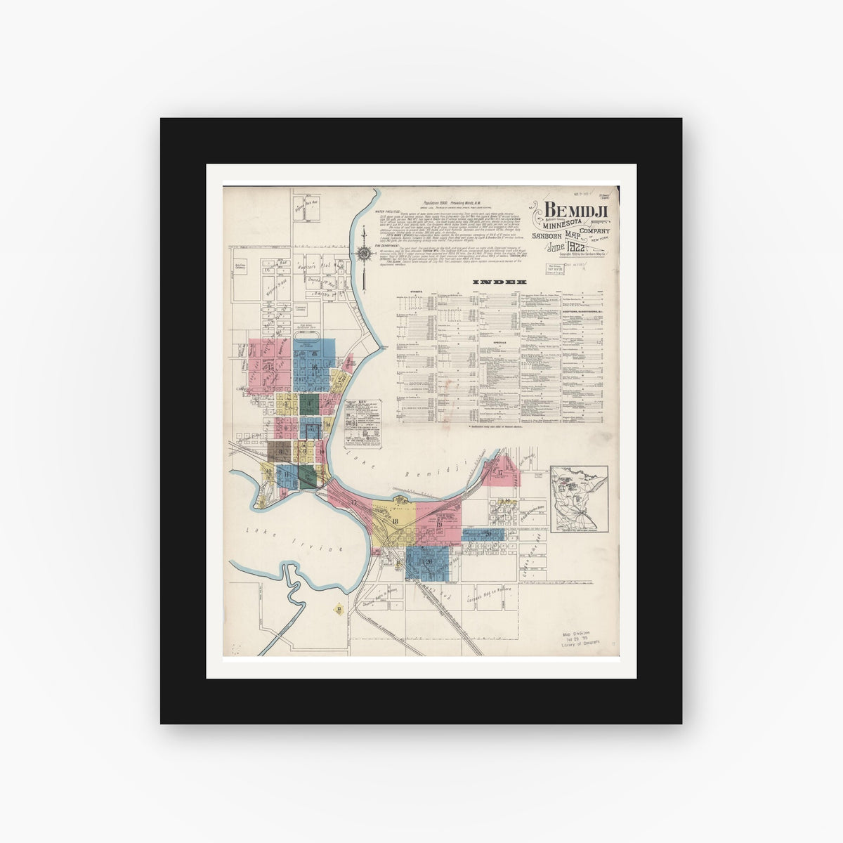 Old map wall art mockup — black gallery frame with white mat — Sanborn Fire Insurance Map from Bemidji, Beltrami County, Minnesota (1922), Sheet #0001