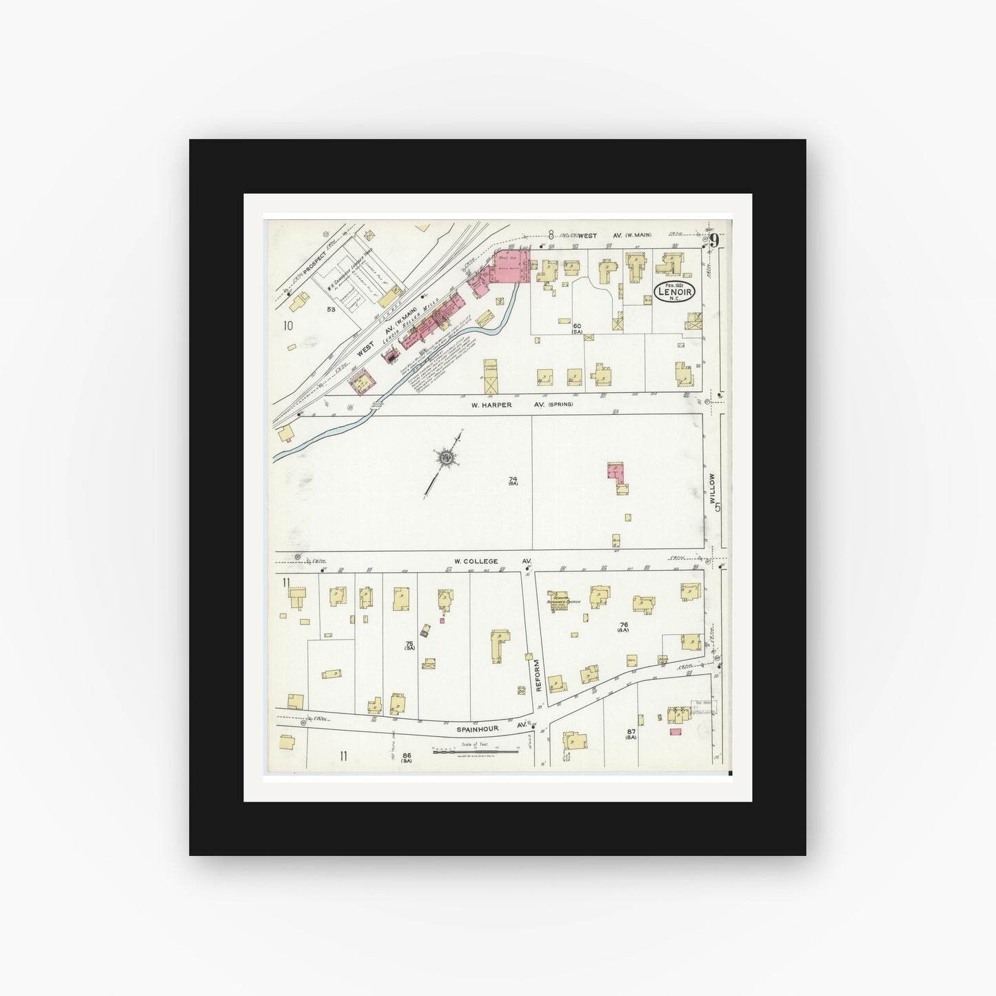 Old map wall art mockup — black gallery frame with white mat — Sanborn Fire Insurance Map from Lenoir, Caldwell County, North Carolina (1921), Sheet #0009