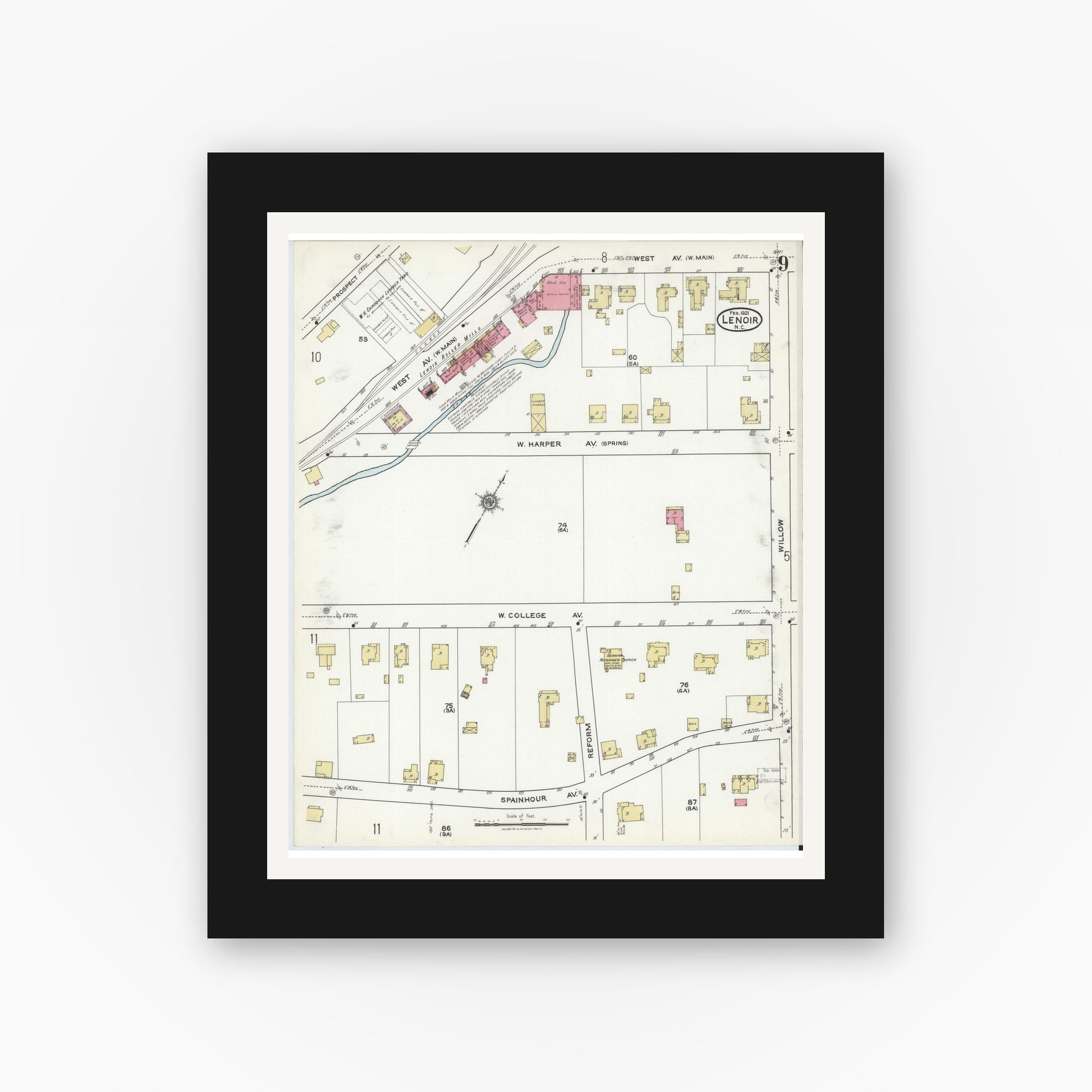 Old map wall art mockup — black gallery frame with white mat — Sanborn Fire Insurance Map from Lenoir, Caldwell County, North Carolina (1921), Sheet #0009