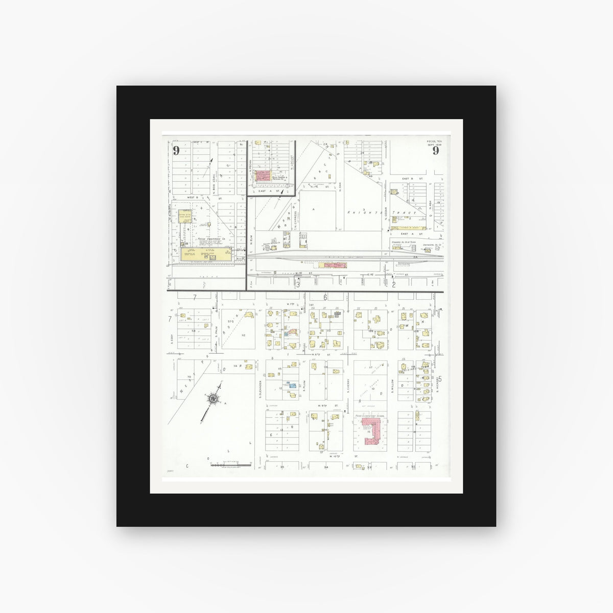 Old map wall art mockup — black gallery frame with white mat — Sanborn Fire Insurance Map from Pecos, Reeves County, Texas (1939), Sheet #0009