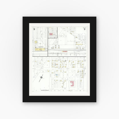 Old map wall art mockup — black gallery frame with white mat — Sanborn Fire Insurance Map from Pecos, Reeves County, Texas (1939), Sheet #0009
