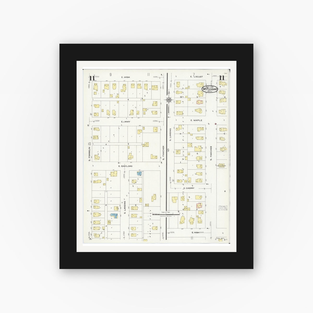 Old map wall art mockup — black gallery frame with white mat — Sanborn Fire Insurance Map from Mount Pleasant, Isabella County, Michigan (1924), Sheet #0011