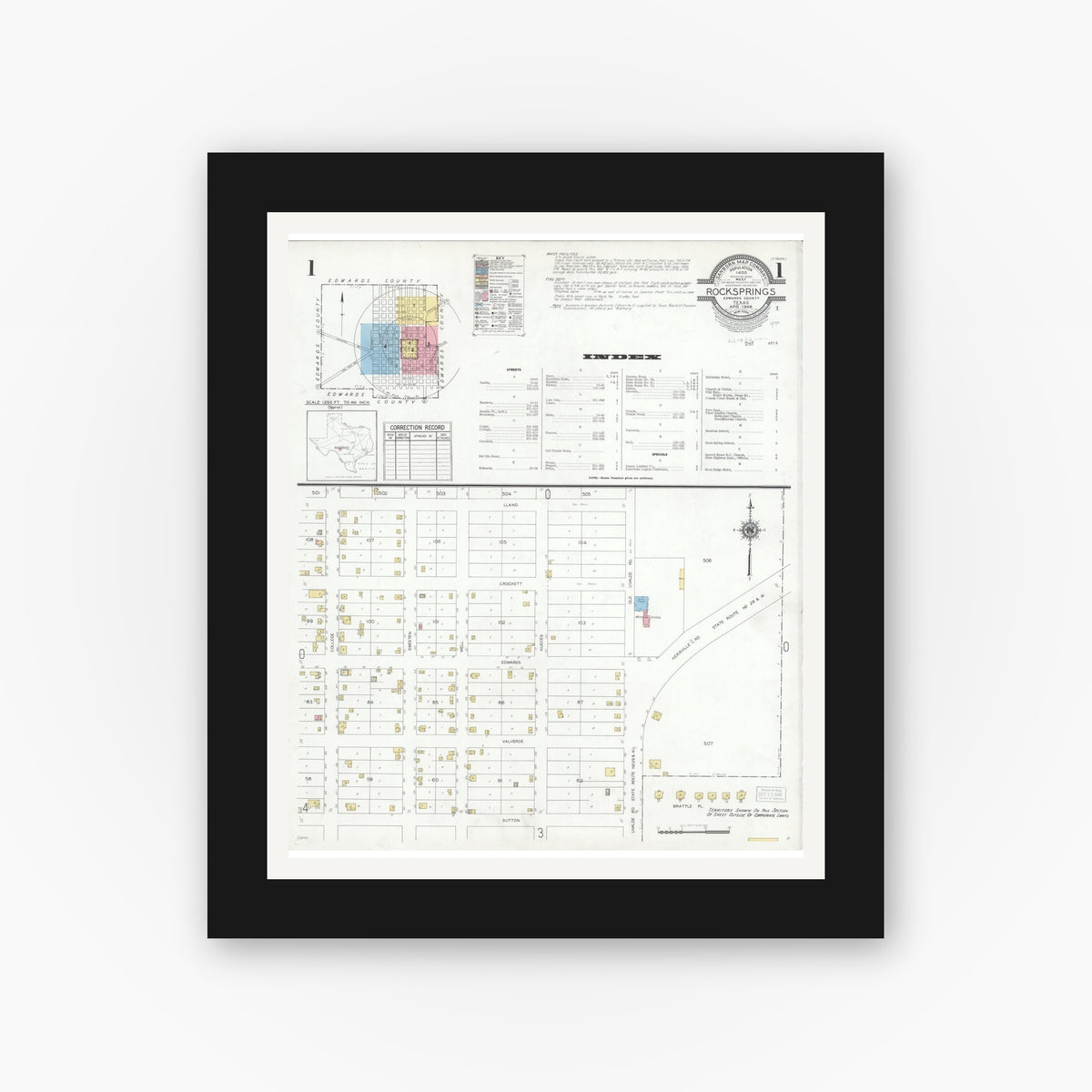 Old map wall art mockup — black gallery frame with white mat — Sanborn Fire Insurance Map from Rocksprings, Edwards County, Texas (1948), Sheet #0001