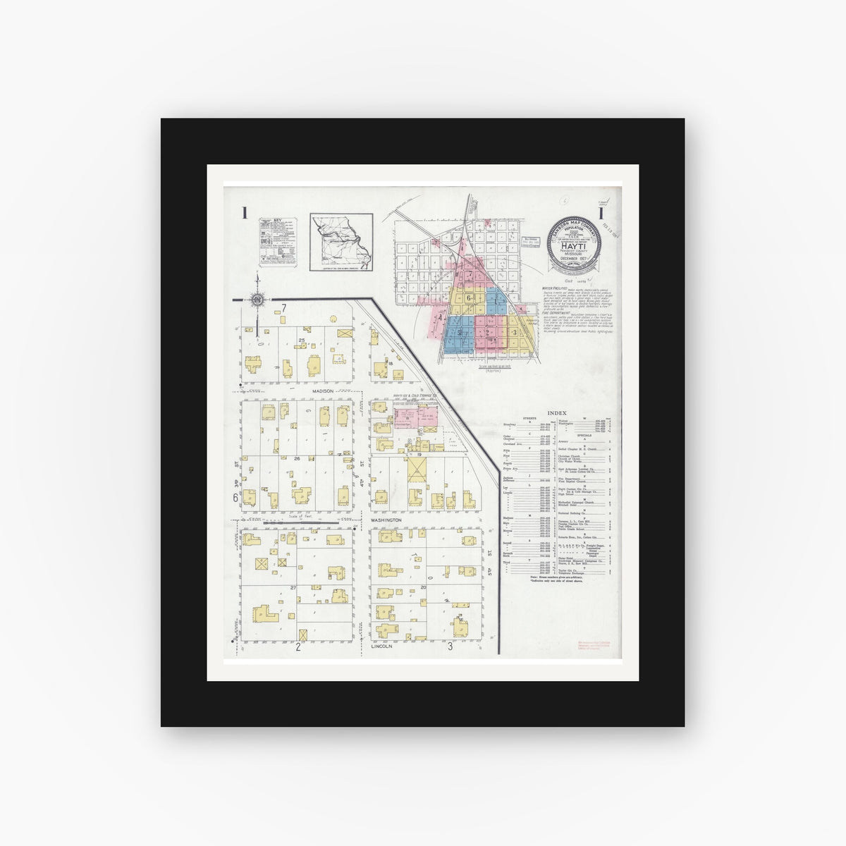 Old map wall art mockup — black gallery frame with white mat — Sanborn Fire Insurance Map from Hayti, Pemiscot County, Missouri (1927) - Complete Map Set