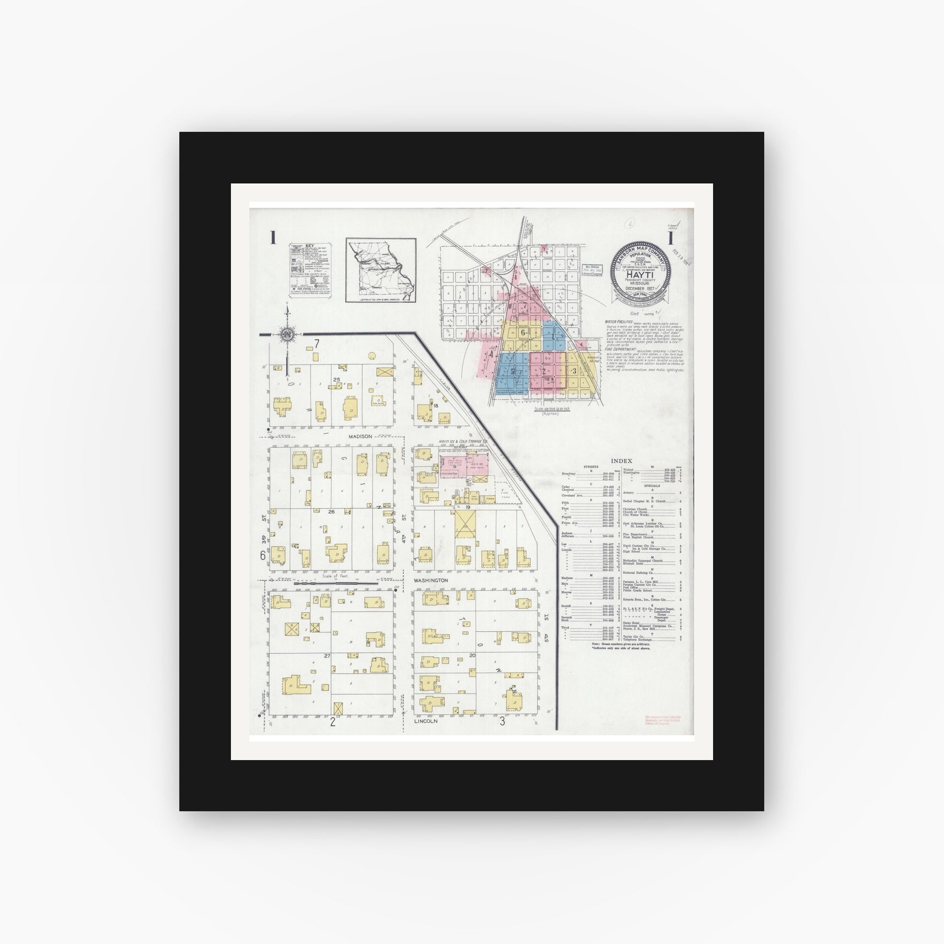 Old map wall art mockup — black gallery frame with white mat — Sanborn Fire Insurance Map from Hayti, Pemiscot County, Missouri (1927) - Complete Map Set
