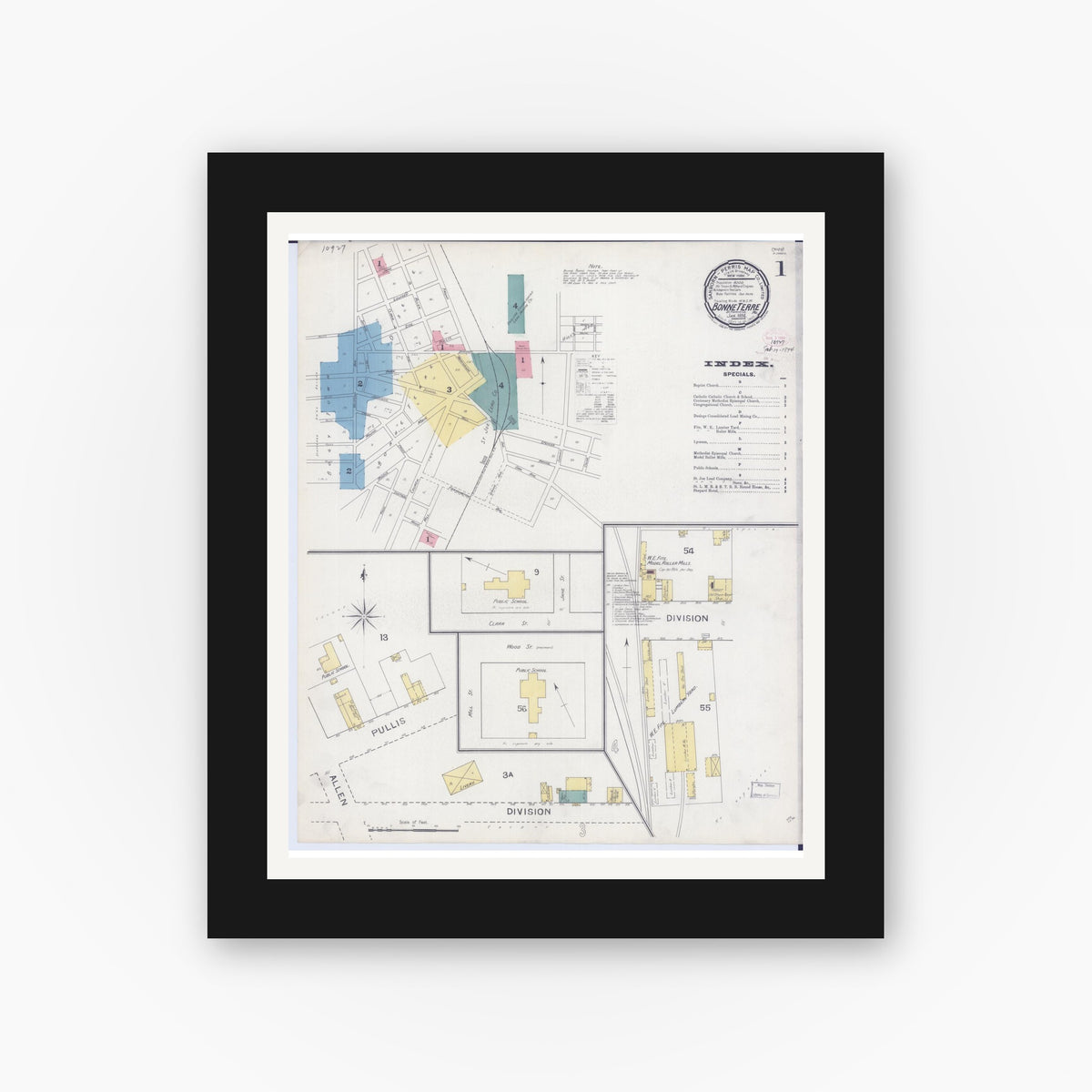Old map wall art mockup — black gallery frame with white mat — Sanborn Fire Insurance Map from Bonne Terre, Saint Francois County, Missouri (1894) - Complete Map Set