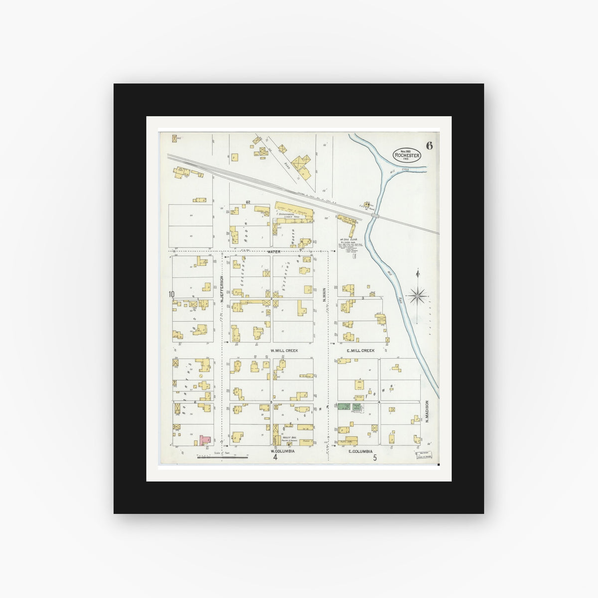 Old map wall art mockup — black gallery frame with white mat — Sanborn Fire Insurance Map from Rochester, Fulton County, Indiana (1901), Sheet #0006