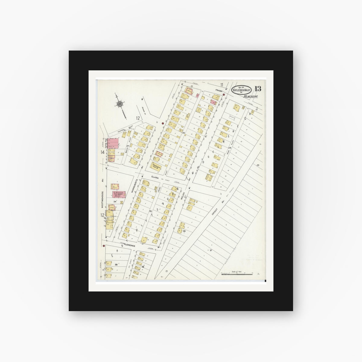 Old map wall art mockup — black gallery frame with white mat — Sanborn Fire Insurance Map from Turtle Creek Valley, Allegheny County, Pennsylvania (1911), Sheet #0013