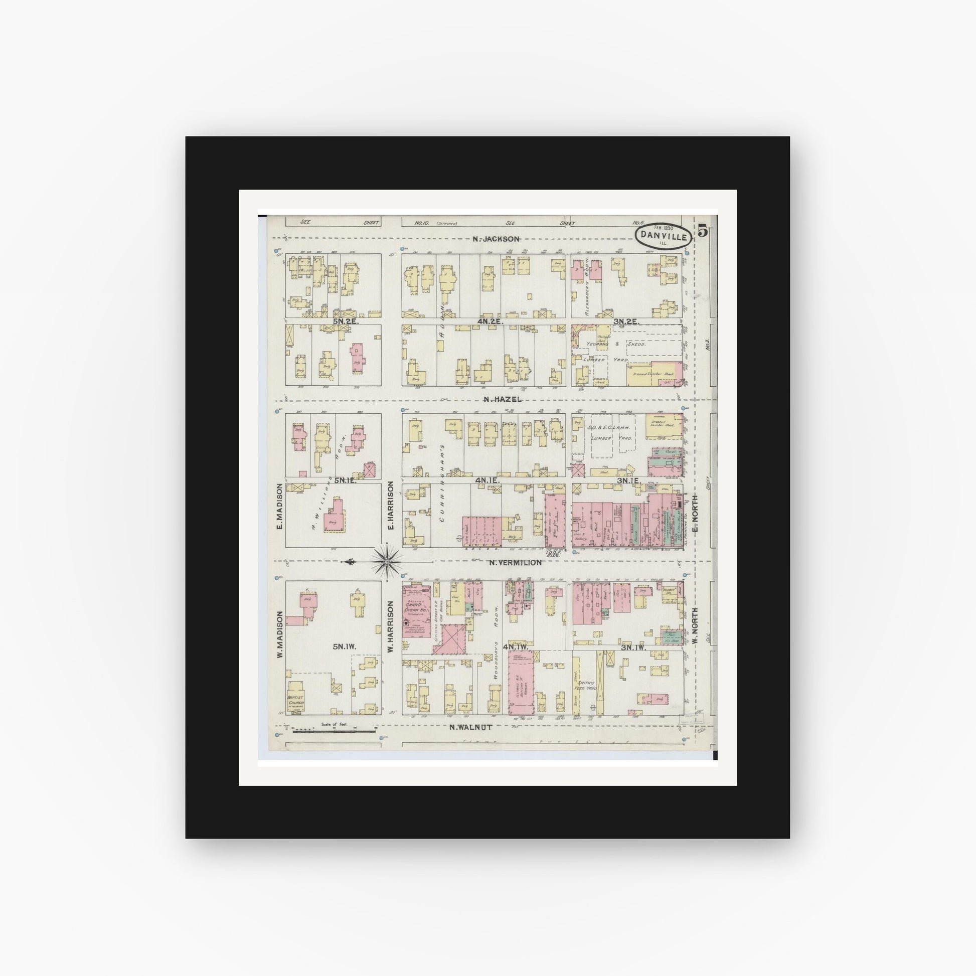 Old map wall art mockup — black gallery frame with white mat — Sanborn Fire Insurance Map from Danville, Vermilion County, Illinois (1890), Sheet #0005