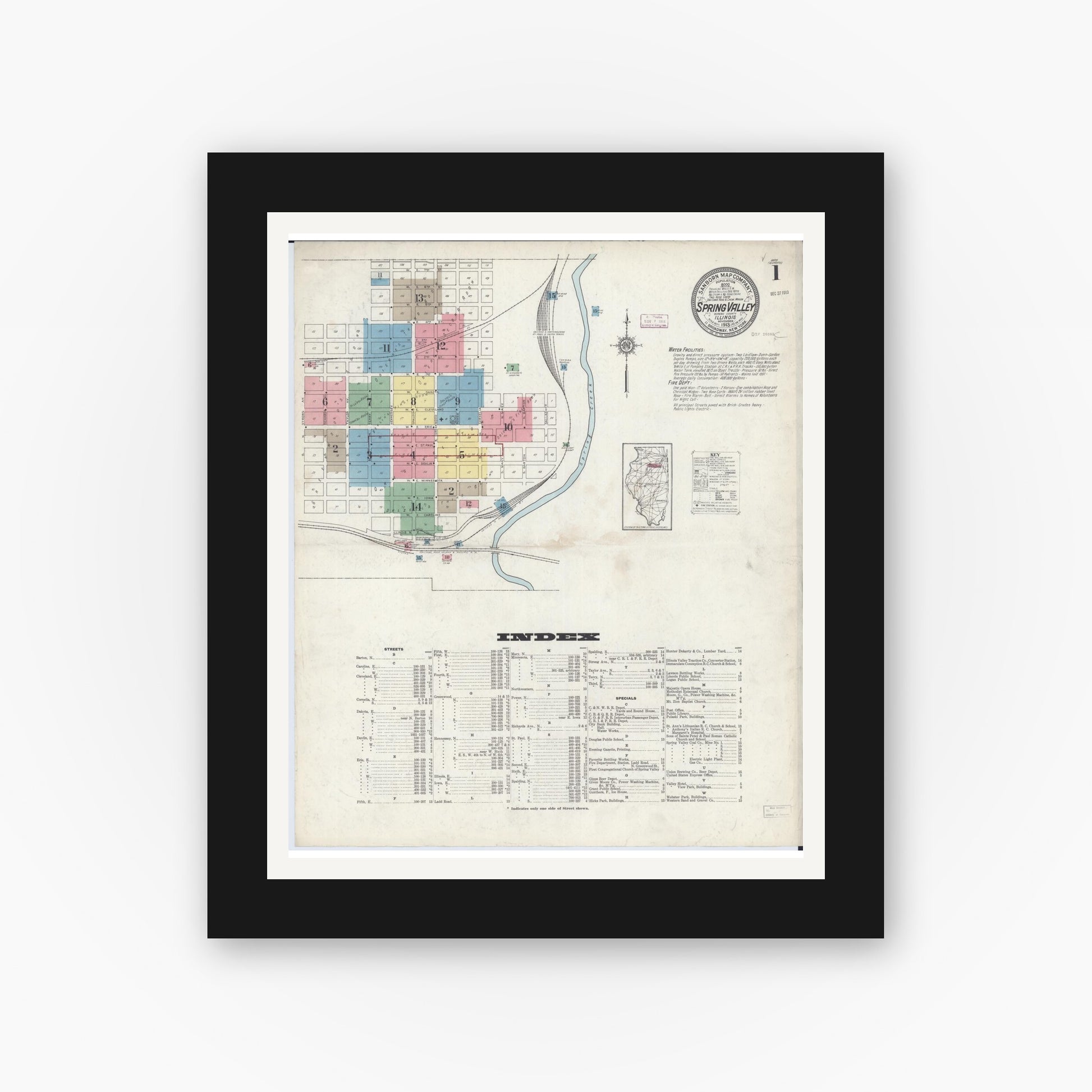 Old map wall art mockup — black gallery frame with white mat — Sanborn Fire Insurance Map from Spring Valley, Bureau County, Illinois (1913) - Complete Map Set