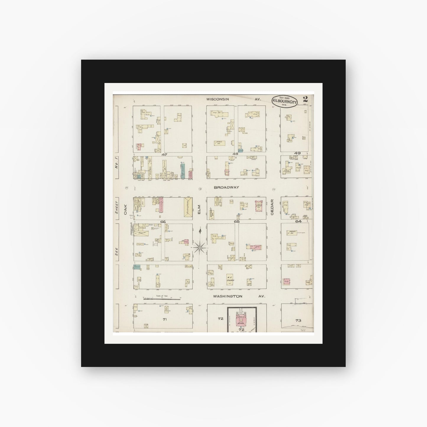 Old map wall art mockup — black gallery frame with white mat — Sanborn Fire Insurance Map from Kilbourn, Columbia County, Wisconsin (1885), Sheet #0002