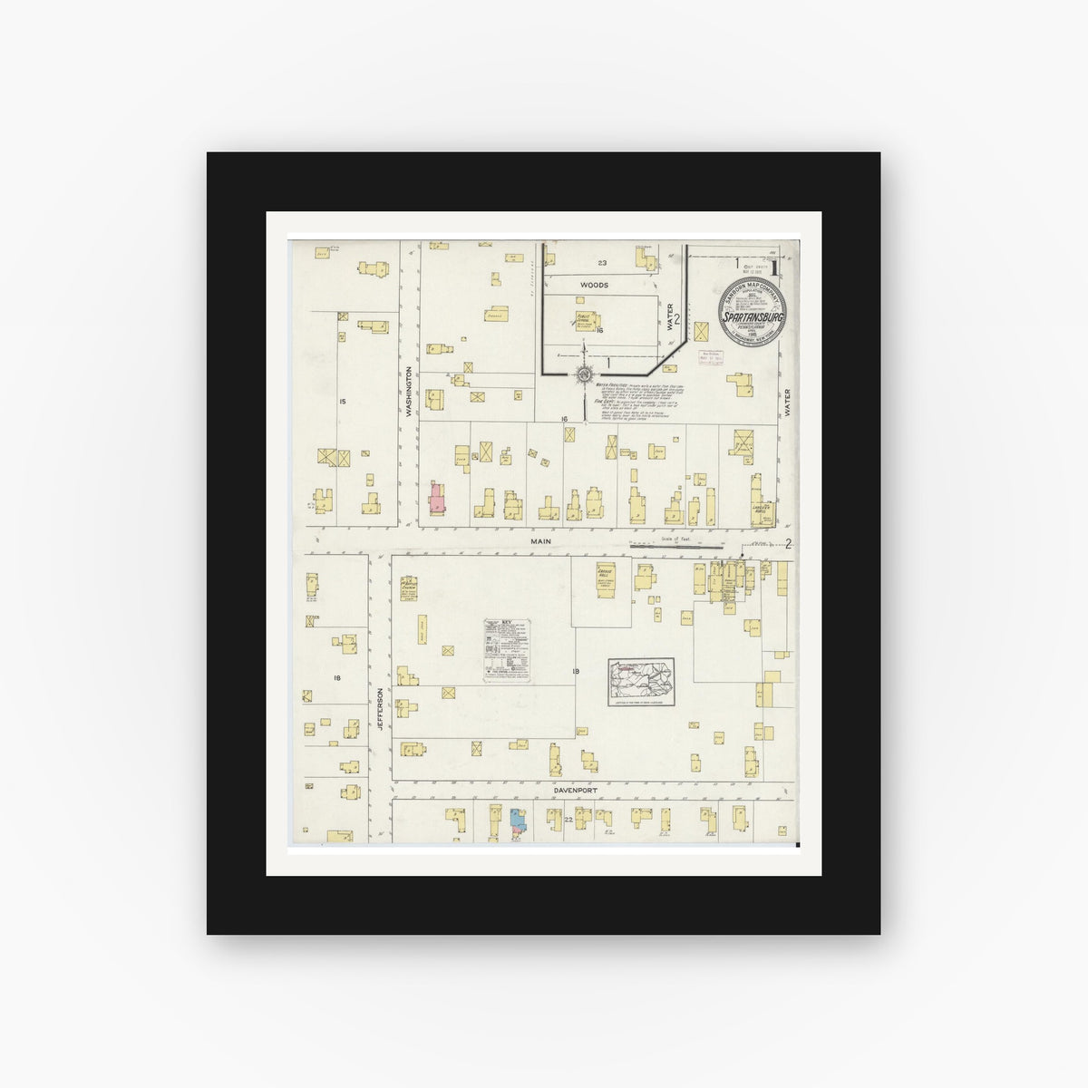 Old map wall art mockup — black gallery frame with white mat — Sanborn Fire Insurance Map from Spartansburg, Crawford County, Pennsylvania (1915), Sheet #0001