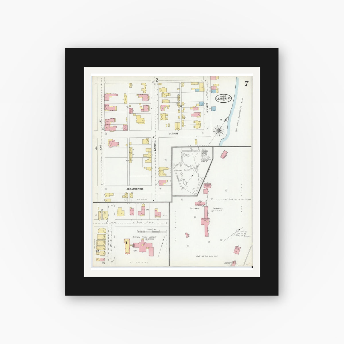 Old map wall art mockup — black gallery frame with white mat — Sanborn Fire Insurance Map from Lewisburg, Union County, Pennsylvania (1901), Sheet #0007