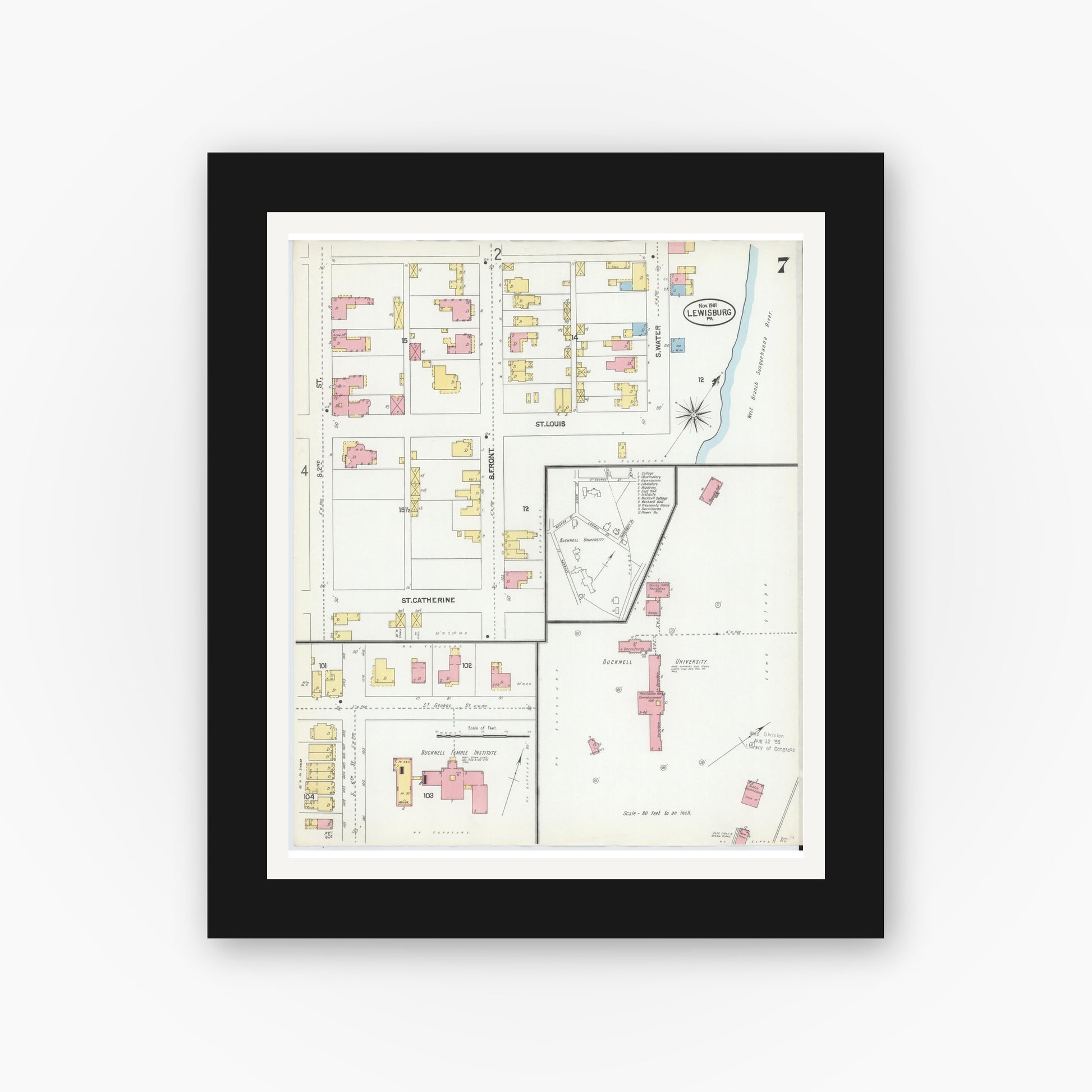 Old map wall art mockup — black gallery frame with white mat — Sanborn Fire Insurance Map from Lewisburg, Union County, Pennsylvania (1901), Sheet #0007