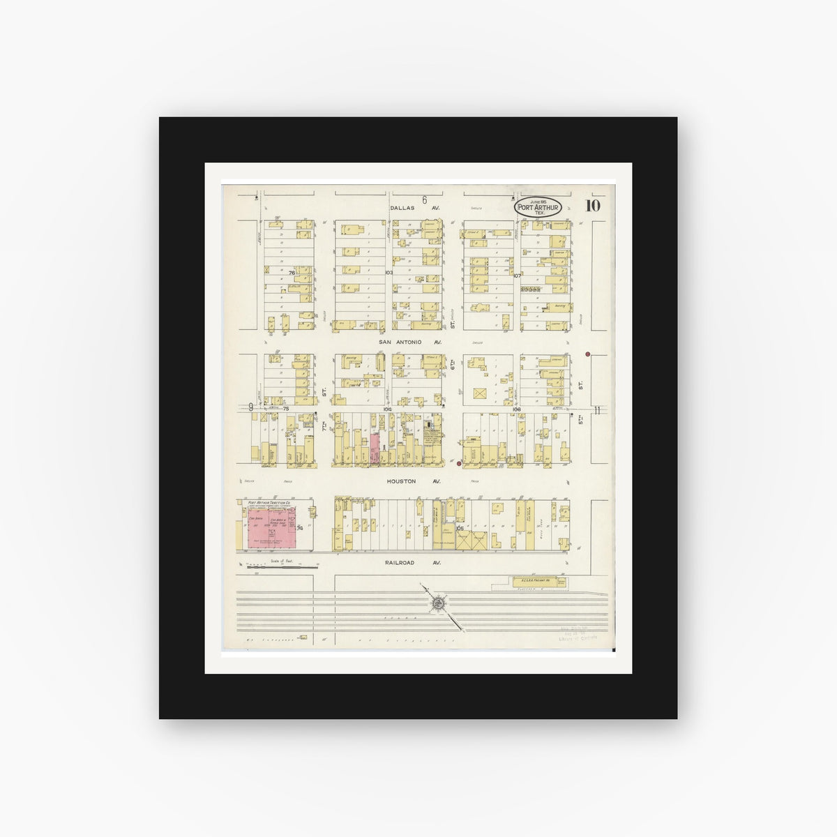 Old map wall art mockup — black gallery frame with white mat — Sanborn Fire Insurance Map from Port Arthur, Jefferson County, Texas (1915), Sheet #0010