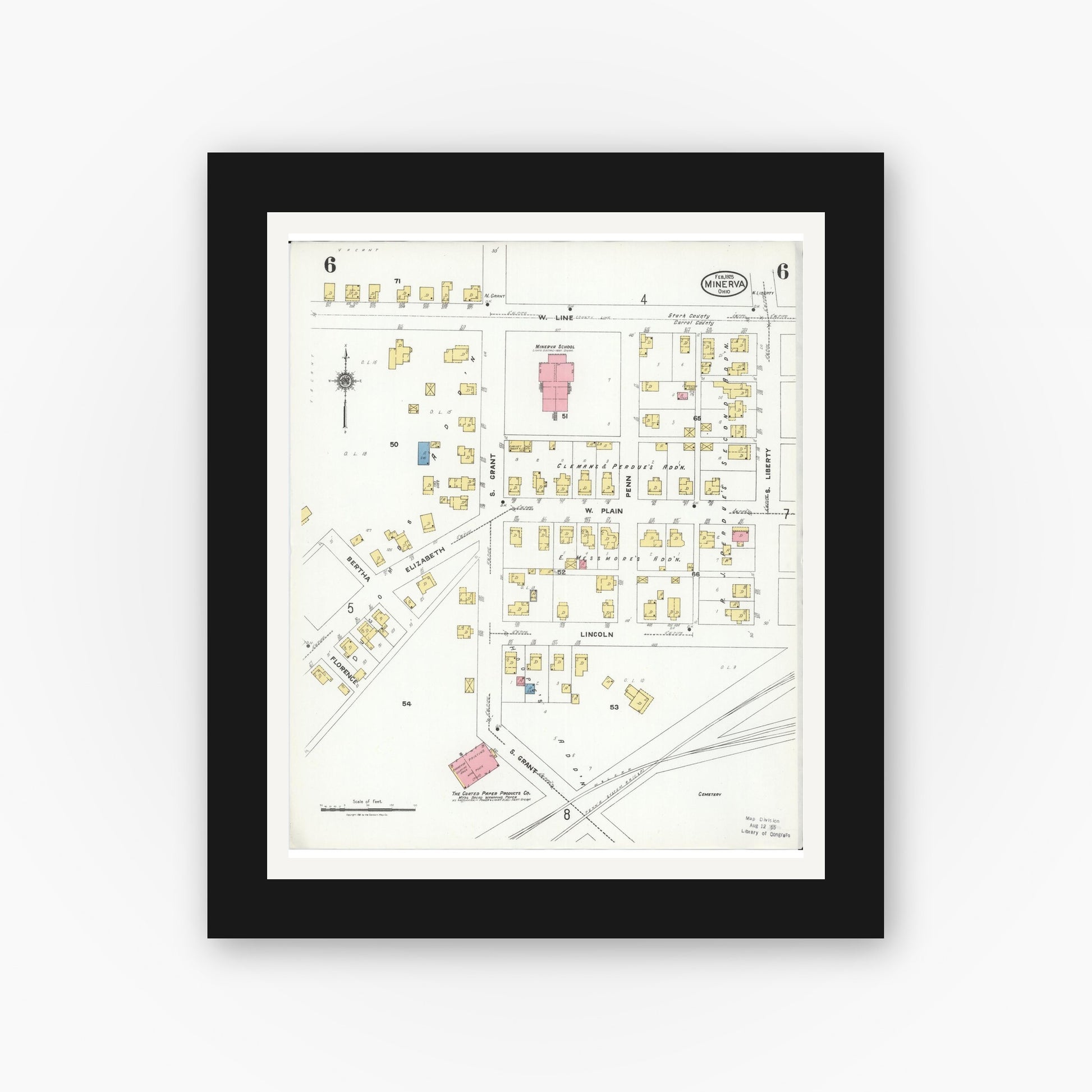 Old map wall art mockup — black gallery frame with white mat — Sanborn Fire Insurance Map from Minerva, Stark And Carroll Counties, Ohio (1925), Sheet #0006