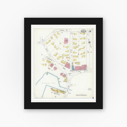 Old map wall art mockup — black gallery frame with white mat — Sanborn Fire Insurance Map from Hudson, Middlesex County, Massachusetts (1916), Sheet #0008