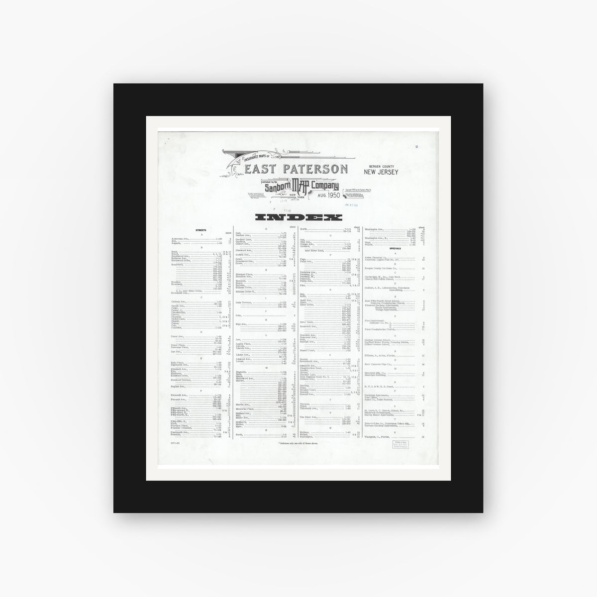 Old map wall art mockup — black gallery frame with white mat — Sanborn Fire Insurance Map from East Paterson, Bergen County, New Jersey (1950), Sheet #0001