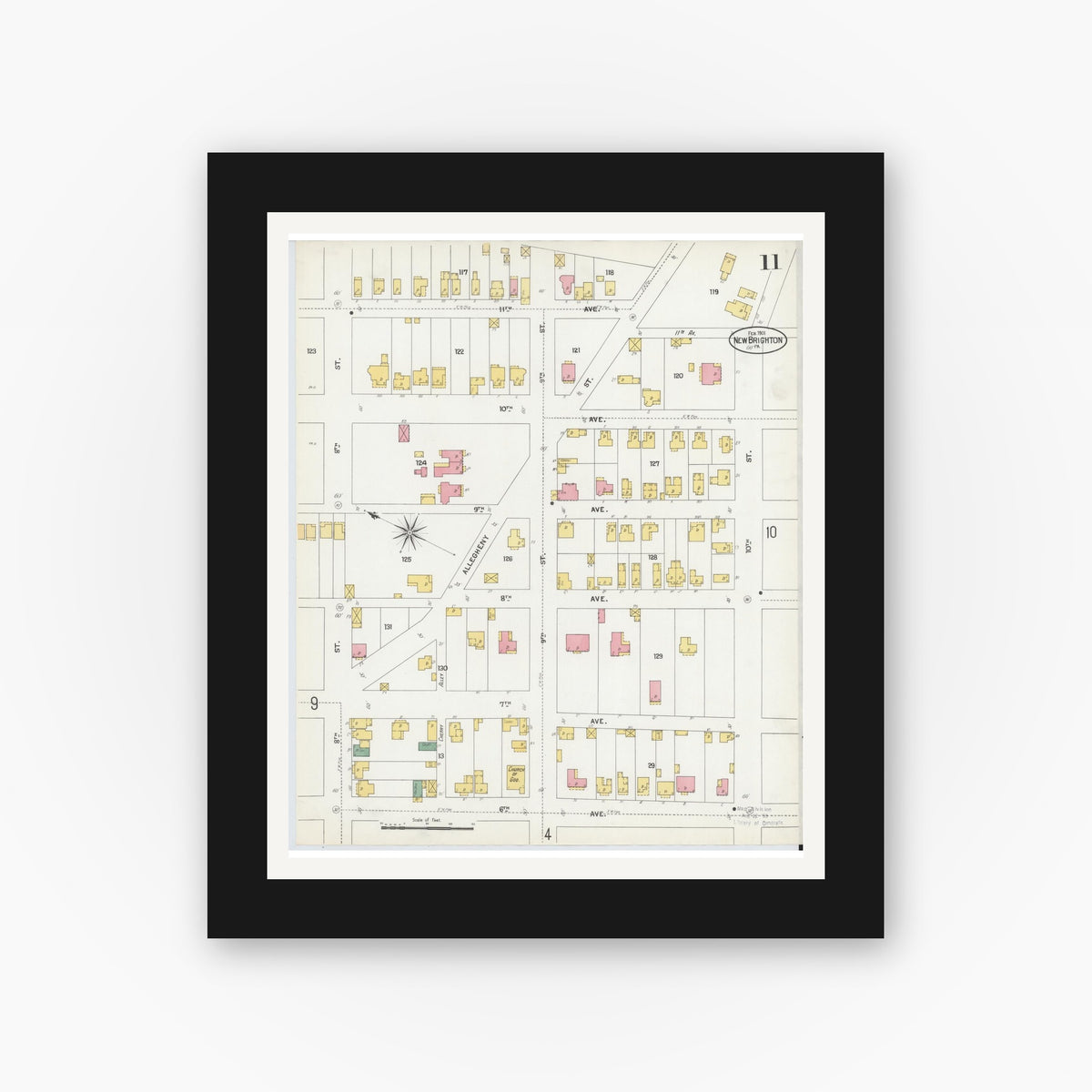 Old map wall art mockup — black gallery frame with white mat — Sanborn Fire Insurance Map from New Brighton, Beaver County, Pennsylvania (1901), Sheet #0011