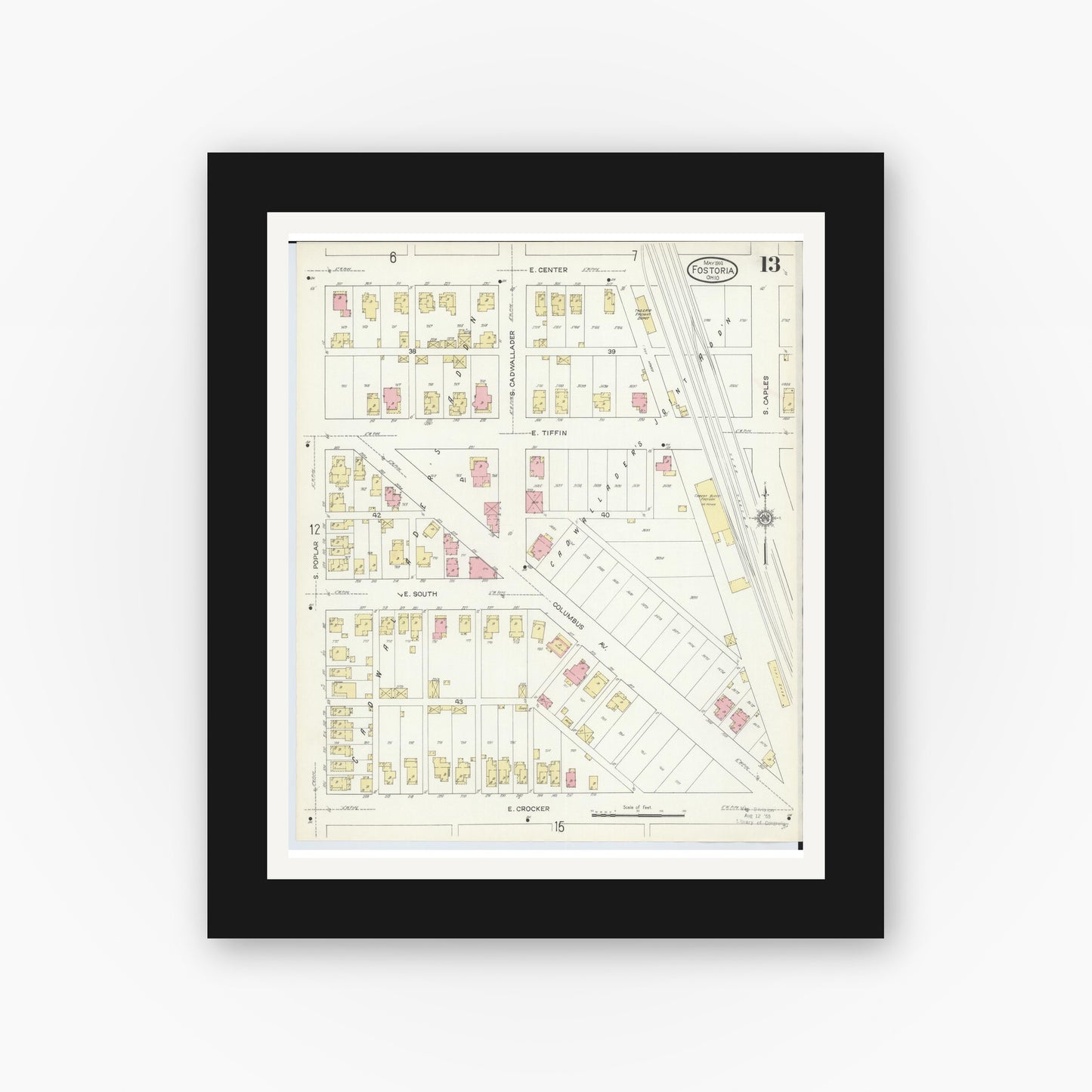 Old map wall art mockup — black gallery frame with white mat — Sanborn Fire Insurance Map from Fostoria, Seneca, Hancock, And Wood Counties, Ohio (1914), Sheet #0013