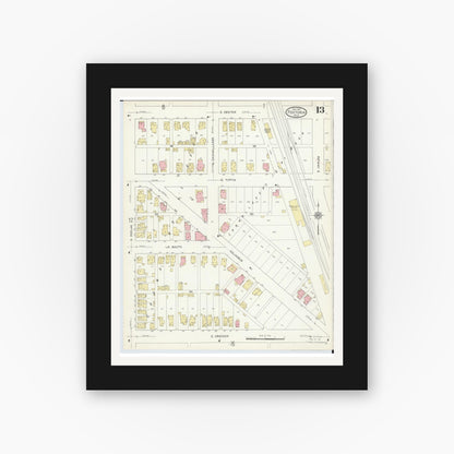 Old map wall art mockup — black gallery frame with white mat — Sanborn Fire Insurance Map from Fostoria, Seneca, Hancock, And Wood Counties, Ohio (1914), Sheet #0013