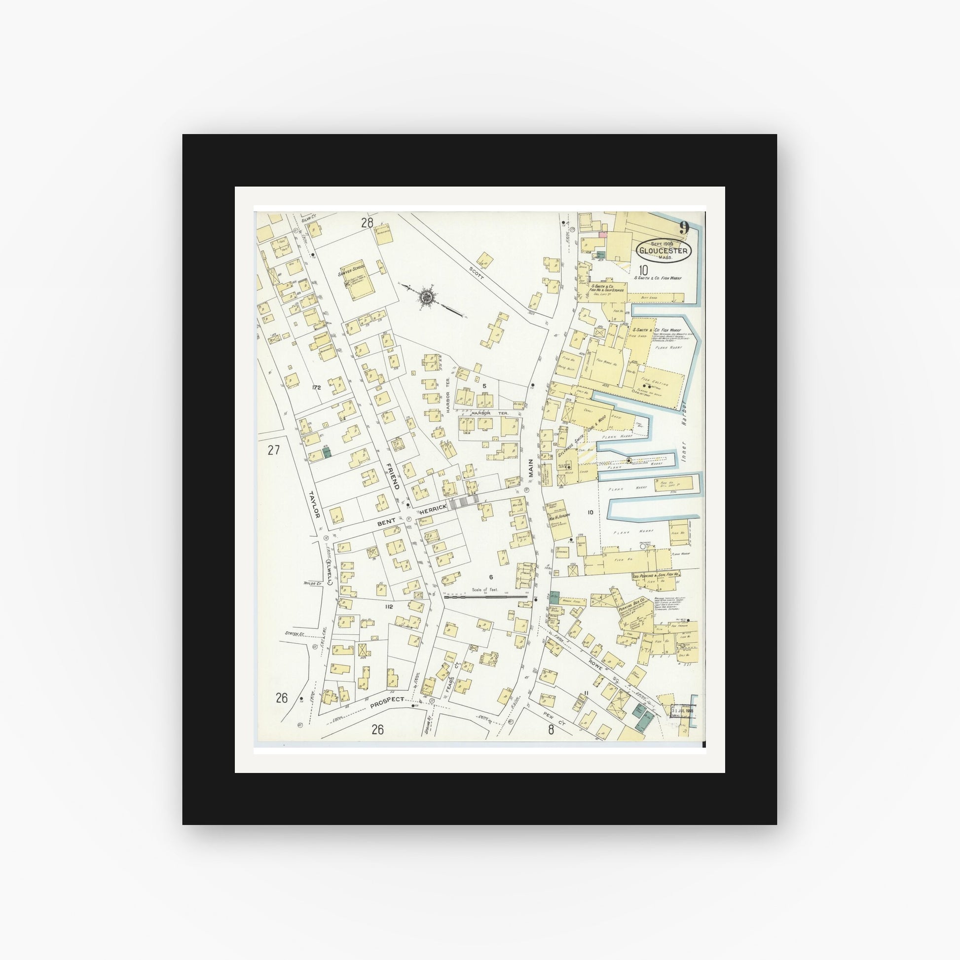 Old map wall art mockup — black gallery frame with white mat — Sanborn Fire Insurance Map from Gloucester, Essex County, Massachusetts (1909), Sheet #0009