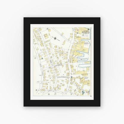 Old map wall art mockup — black gallery frame with white mat — Sanborn Fire Insurance Map from Gloucester, Essex County, Massachusetts (1909), Sheet #0009
