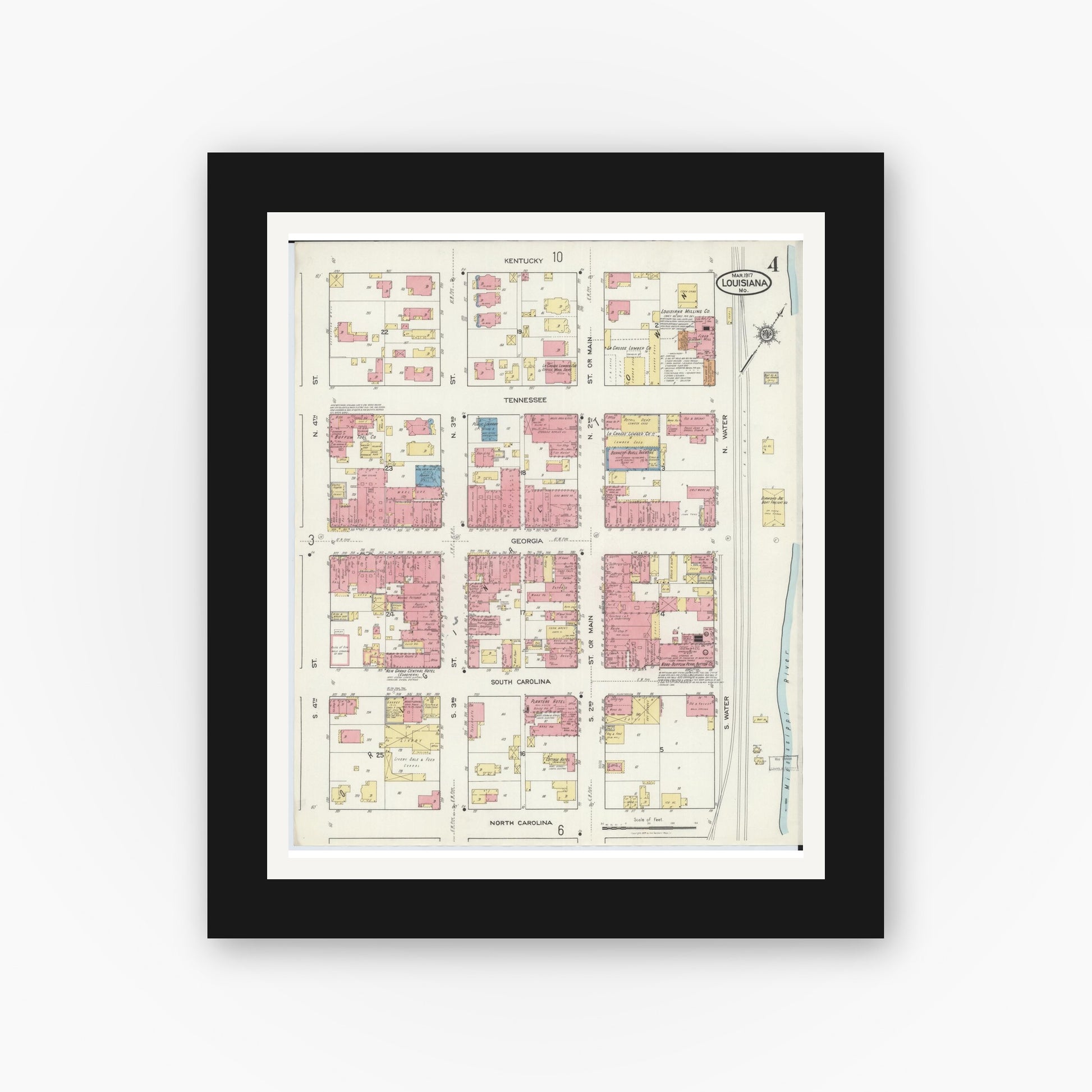 Old map wall art mockup — black gallery frame with white mat — Sanborn Fire Insurance Map from Louisiana, Pike County, Missouri (1917), Sheet #0004