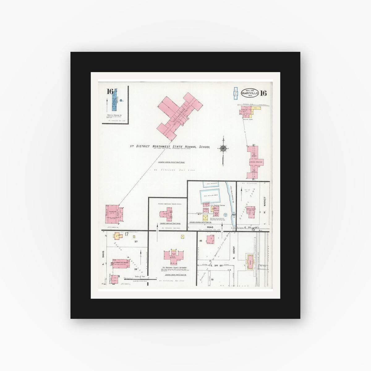 Old map wall art mockup — black gallery frame with white mat — Sanborn Fire Insurance Map from Maryville, Nodaway County, Missouri (1925), Sheet #0016