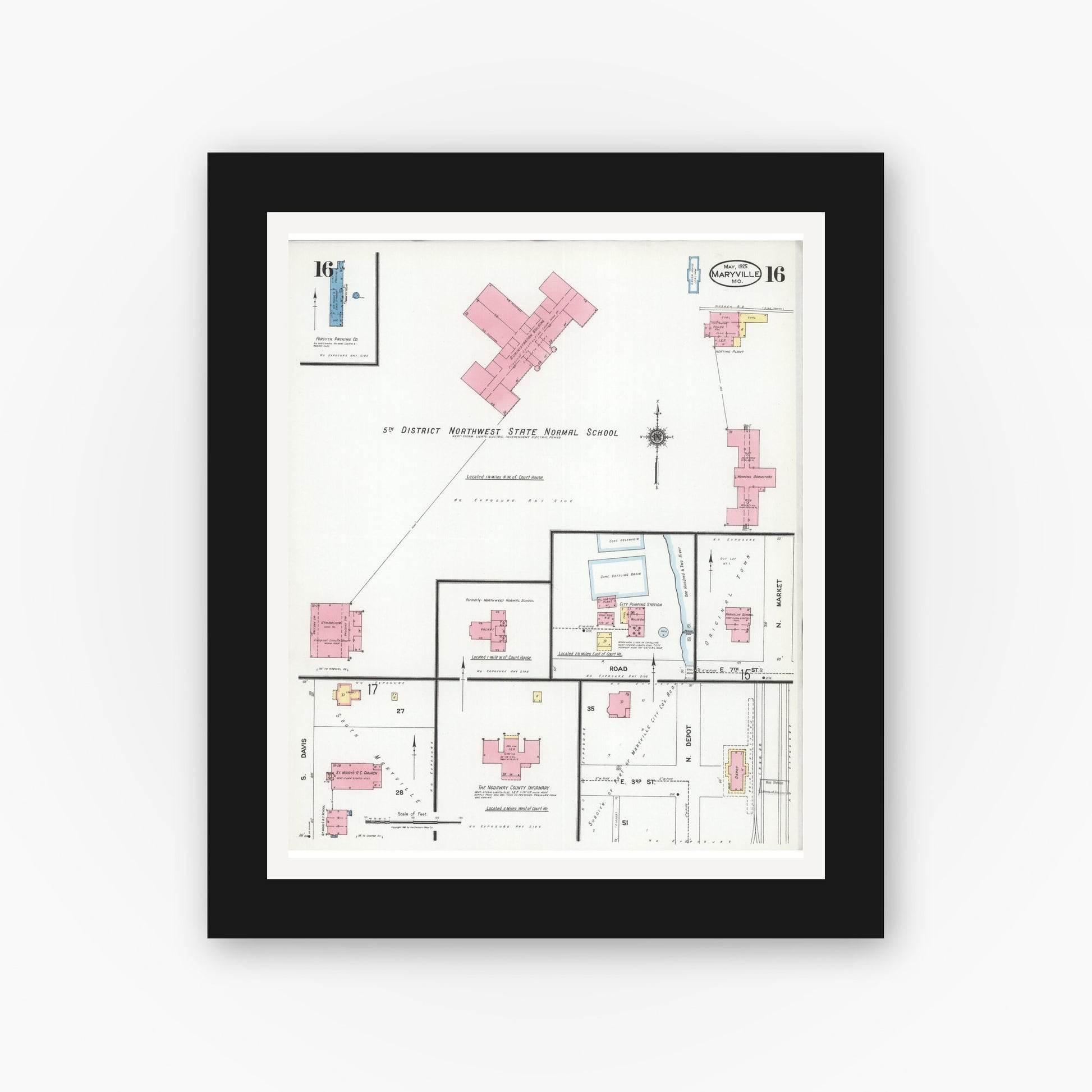 Old map wall art mockup — black gallery frame with white mat — Sanborn Fire Insurance Map from Maryville, Nodaway County, Missouri (1925), Sheet #0016