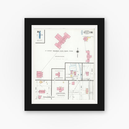 Old map wall art mockup — black gallery frame with white mat — Sanborn Fire Insurance Map from Maryville, Nodaway County, Missouri (1925), Sheet #0016