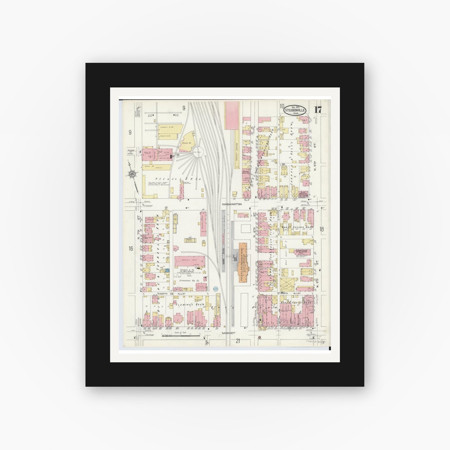 Old map wall art mockup — black gallery frame with white mat — Sanborn Fire Insurance Map from Steubenville, Jefferson County, Ohio (1913), Sheet #0017