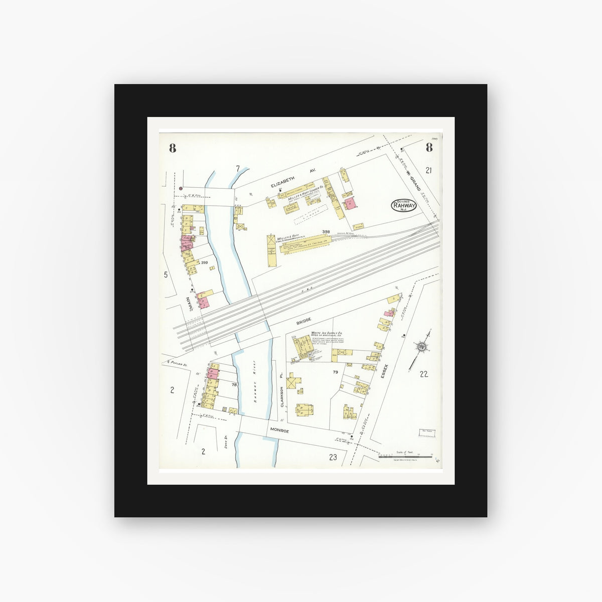 Old map wall art mockup — black gallery frame with white mat — Sanborn Fire Insurance Map from Rahway, Union County, New Jersey (1923), Sheet #0008