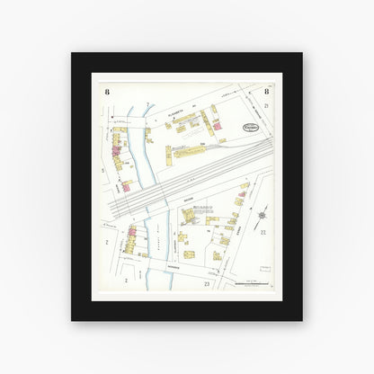 Old map wall art mockup — black gallery frame with white mat — Sanborn Fire Insurance Map from Rahway, Union County, New Jersey (1923), Sheet #0008