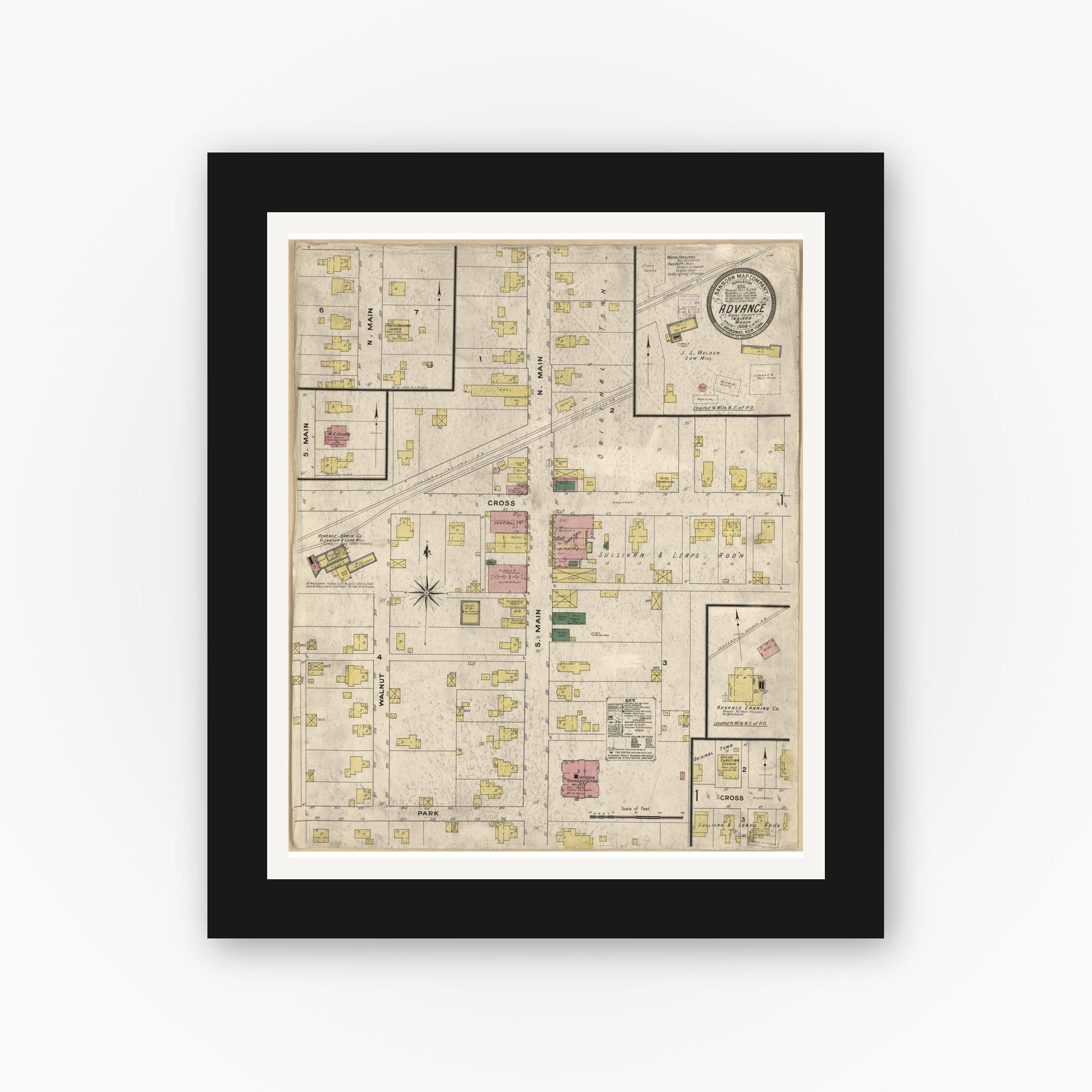 Old map wall art mockup — black gallery frame with white mat — Sanborn Fire Insurance Map from Advance, Boone County, Indiana (1909), Sheet #0001