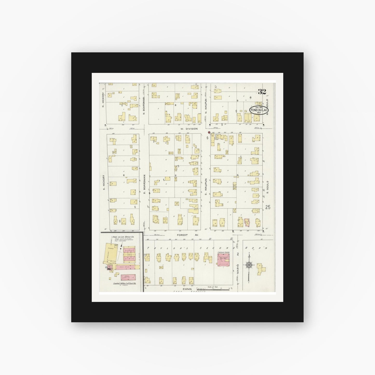 Old map wall art mockup — black gallery frame with white mat — Sanborn Fire Insurance Map from Fond du Lac, Fond du Lac County, Wisconsin (1915), Sheet #0032